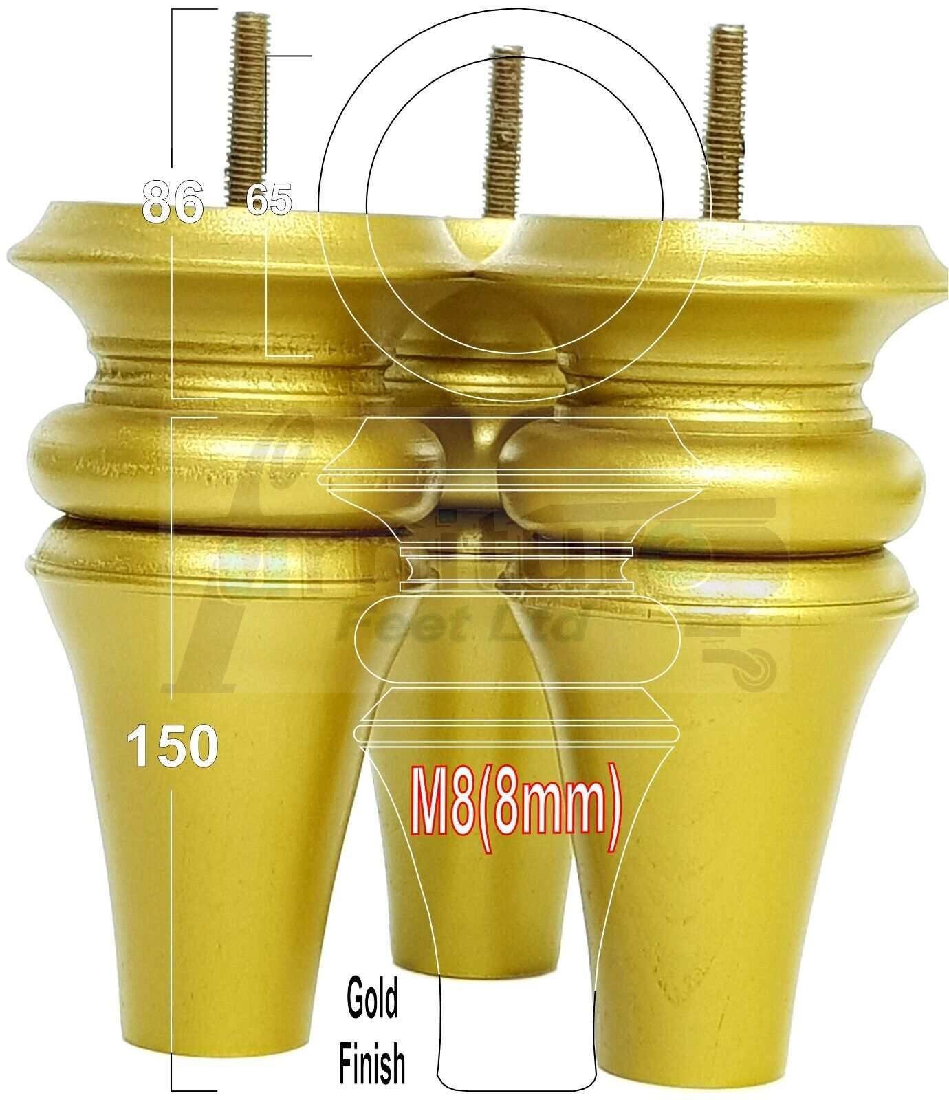 4x Turned Furniture Legs 150mm High M8(8mm) Replacement Feet