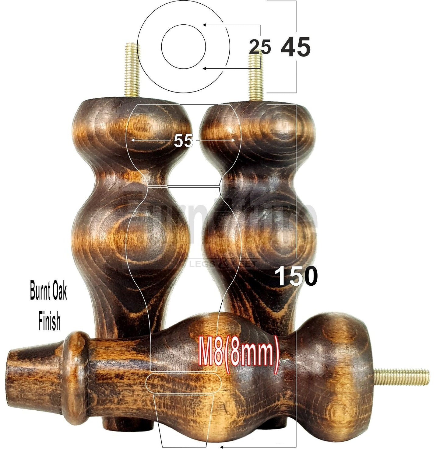Set Of 4 Solid Wood Turned Furniture Feet Replacement Legs 150mm High 8mm Thread