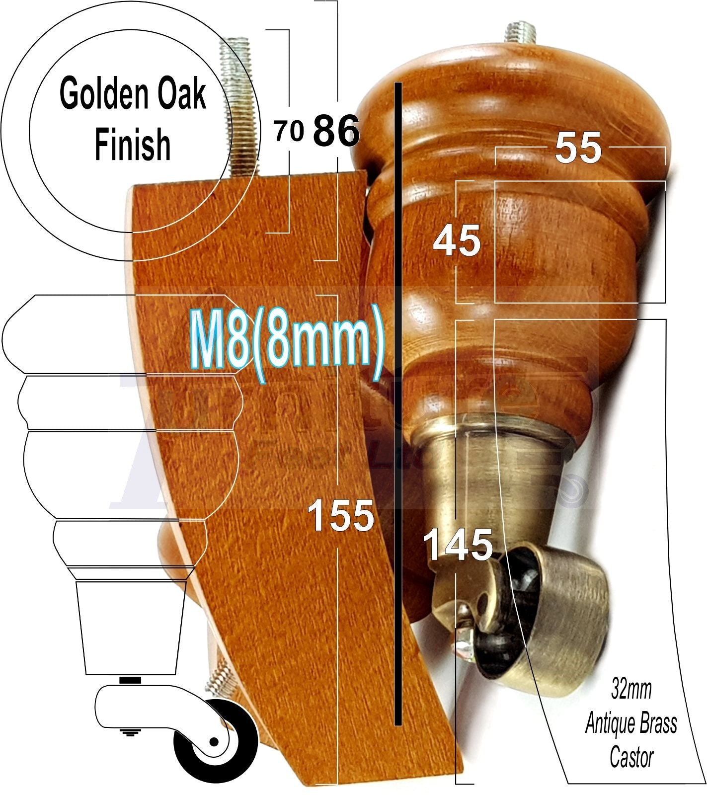 Golden Oak Turned Wood Furniture Feet 2 With Castors 155mm and 2 Curved Back Legs Sofas Chairs Stools Cabinets Beds M8 6 Inches