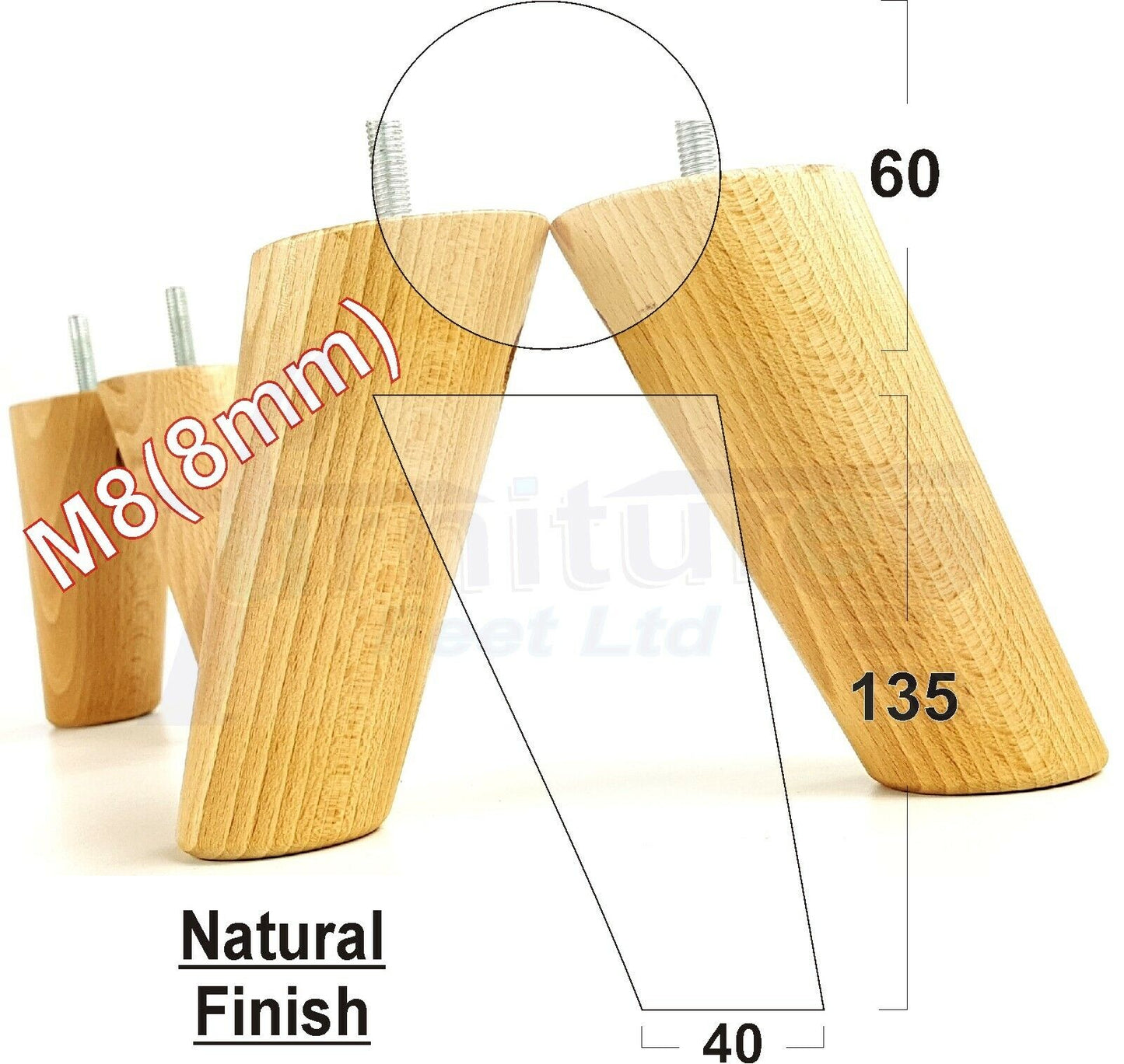 4 Solid Wood Turned Furniture Feet Replacement Mid Centry Angled Retro Legs 135mm High M8 Sofa Chairs Stools Cabinets Beds