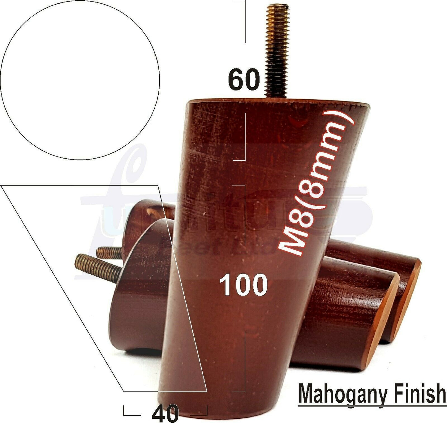 4 Solid Wood Turned Furniture Feet Replacement Mid Centry Angled Retro Legs 100mm High M8 Sofa Chairs Stools Cabinets Beds