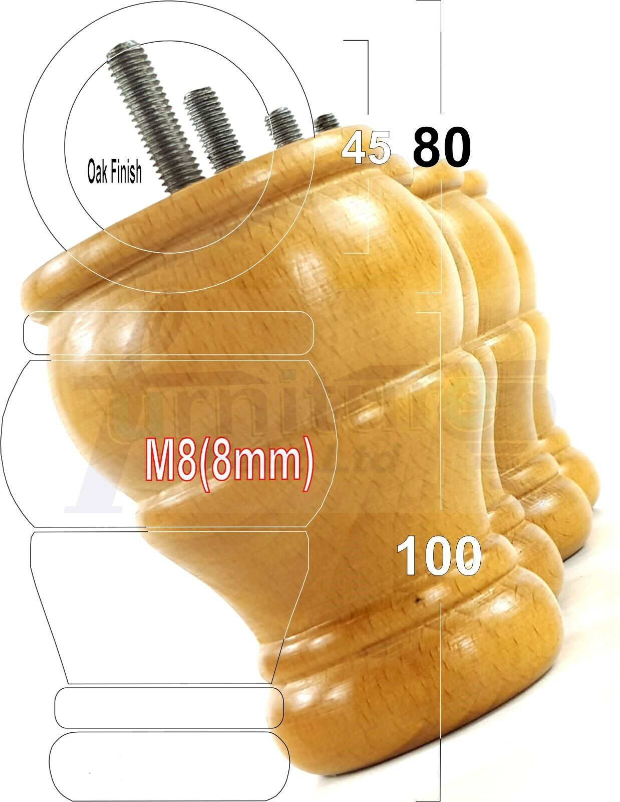 4 Turned Wood Furniture Chair Legs M8 Replacement Sofa Settee Chair Bed Feet 100mm High