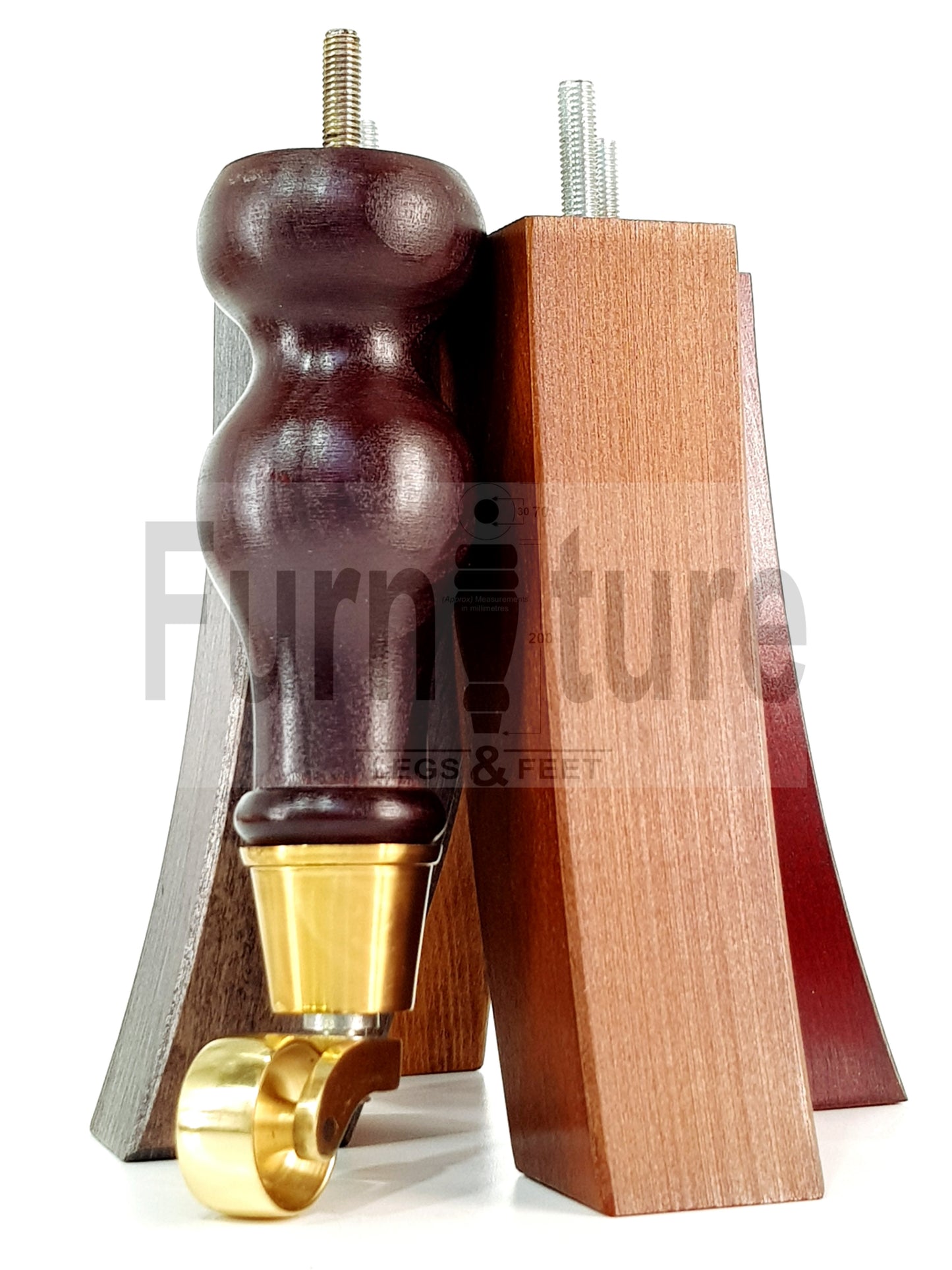 2x Turned Wood Furniture Feet With Brass Castor 155mm and 2 Curved Back Legs 6 Inches 8mm Thread