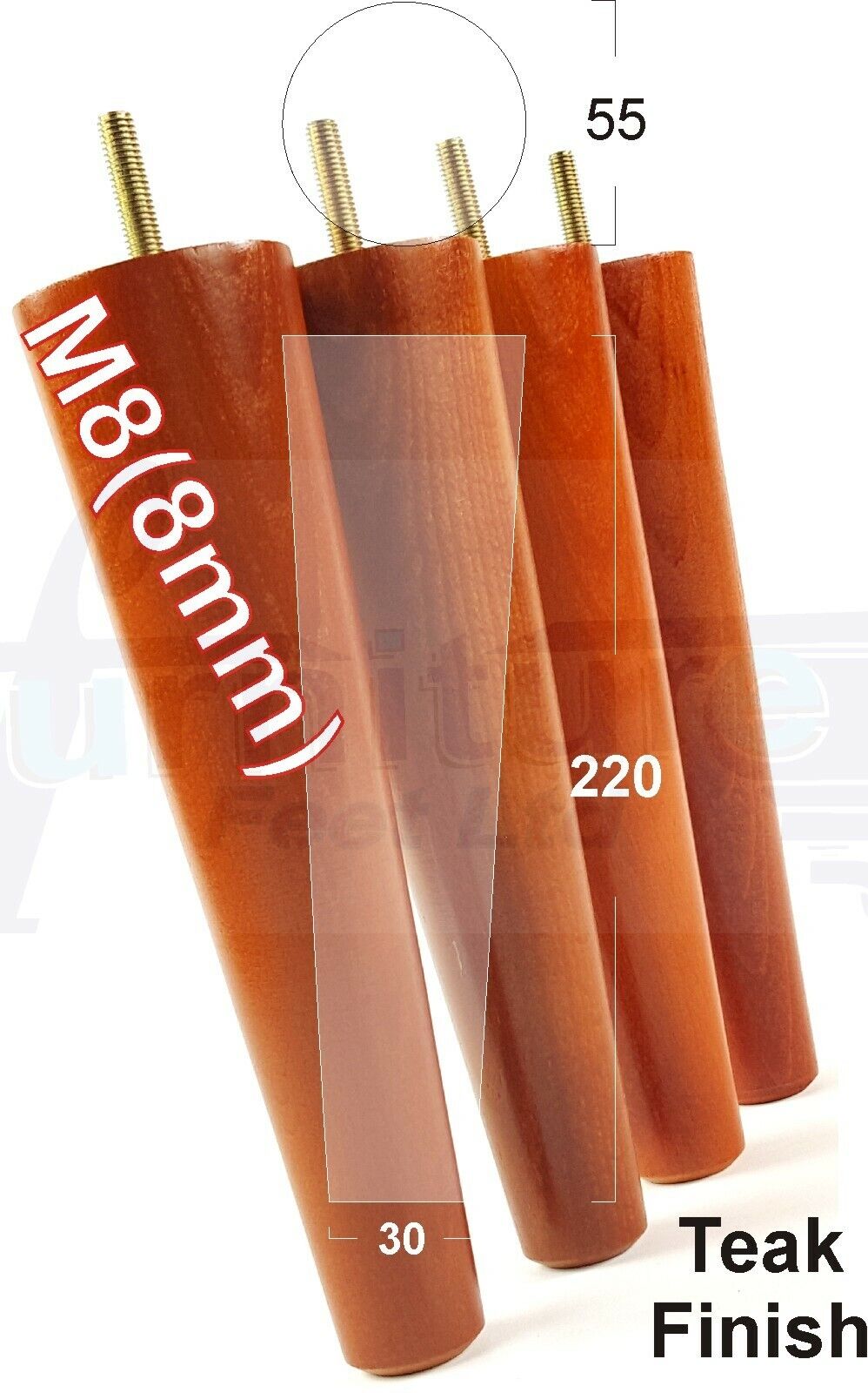 4 Retro Wood Replacement Furniture Chair Legs M8 Footstool Settee Sofa Feet 220mm High
