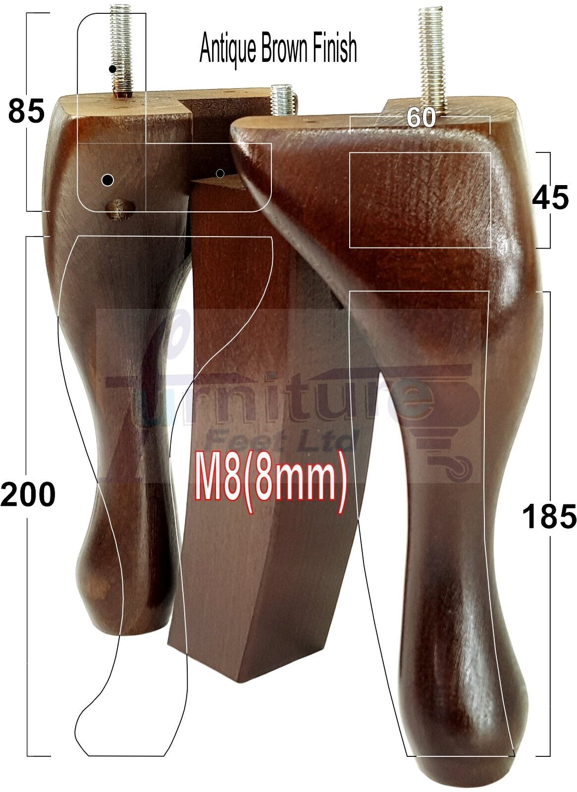 2x Vintage Queen Anne Replacement Furniture Legs & 2x Curved Back Feet 200mm High 8mm Thread