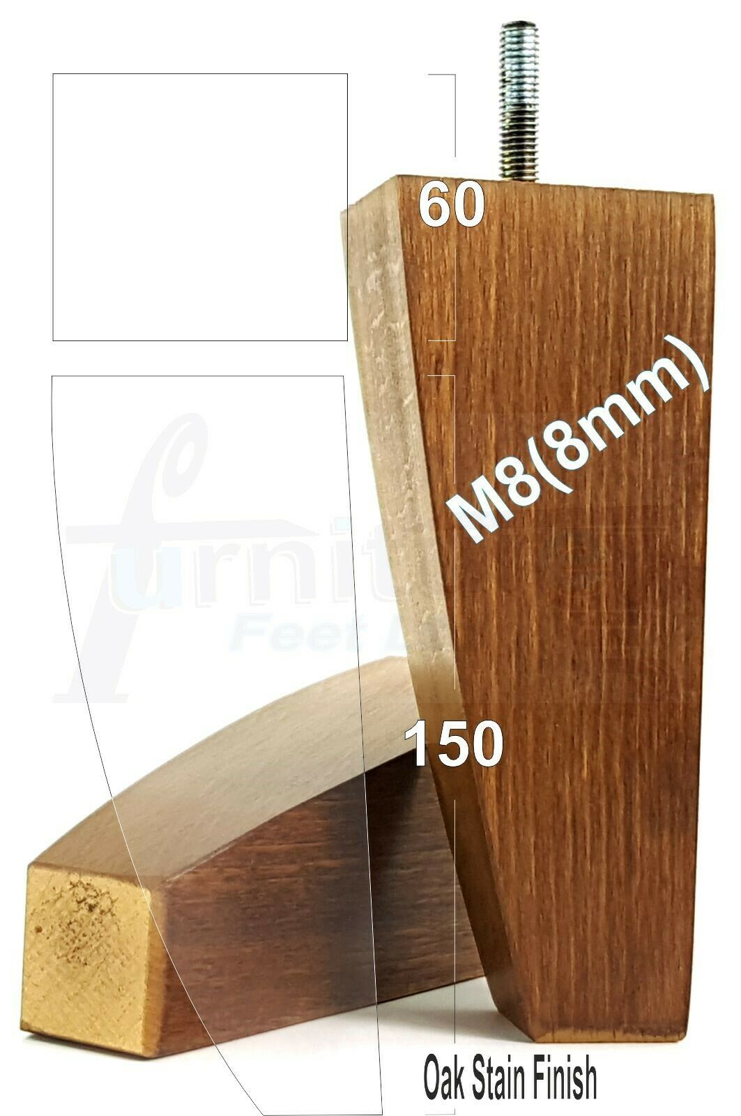 4x Tapered Square Furniture Legs Sofa Feet M8 for Chairs, Settees 150mm High