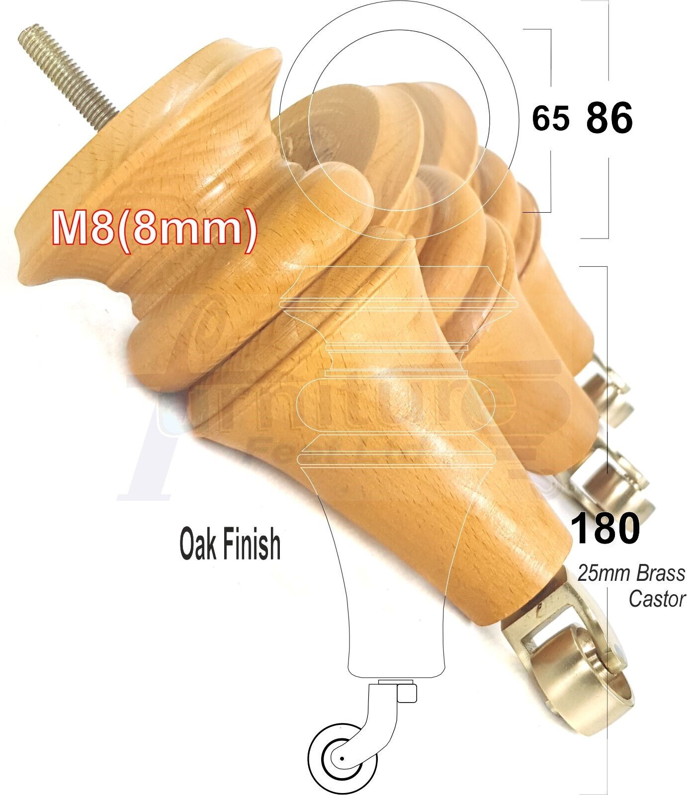 4x Turned Furniture Legs With Brass Castors 180mm High M8(8mm) Replacement Feet