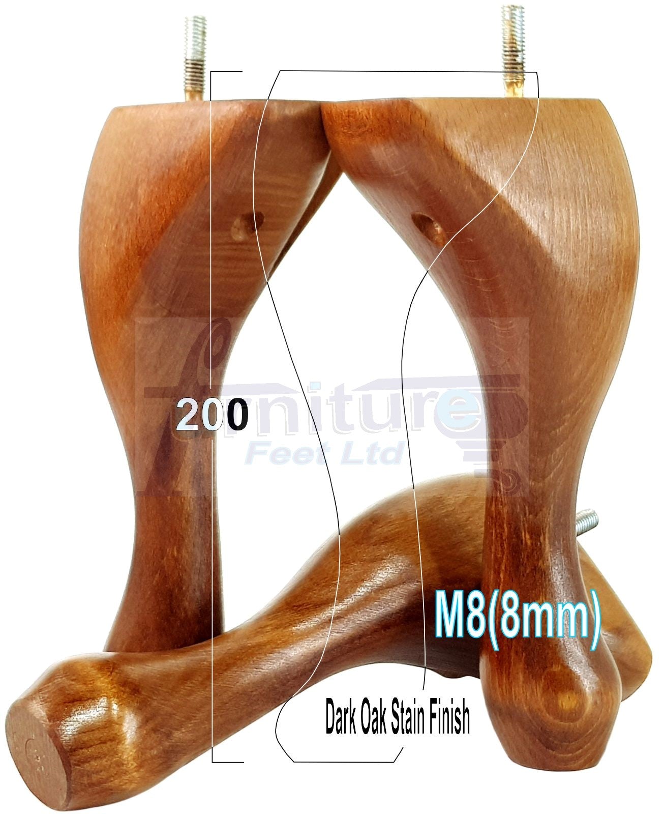 4 Solid Wood Furniture Feet 200mm High Vintage Queen Anne Replacement Legs M8 8 Inches