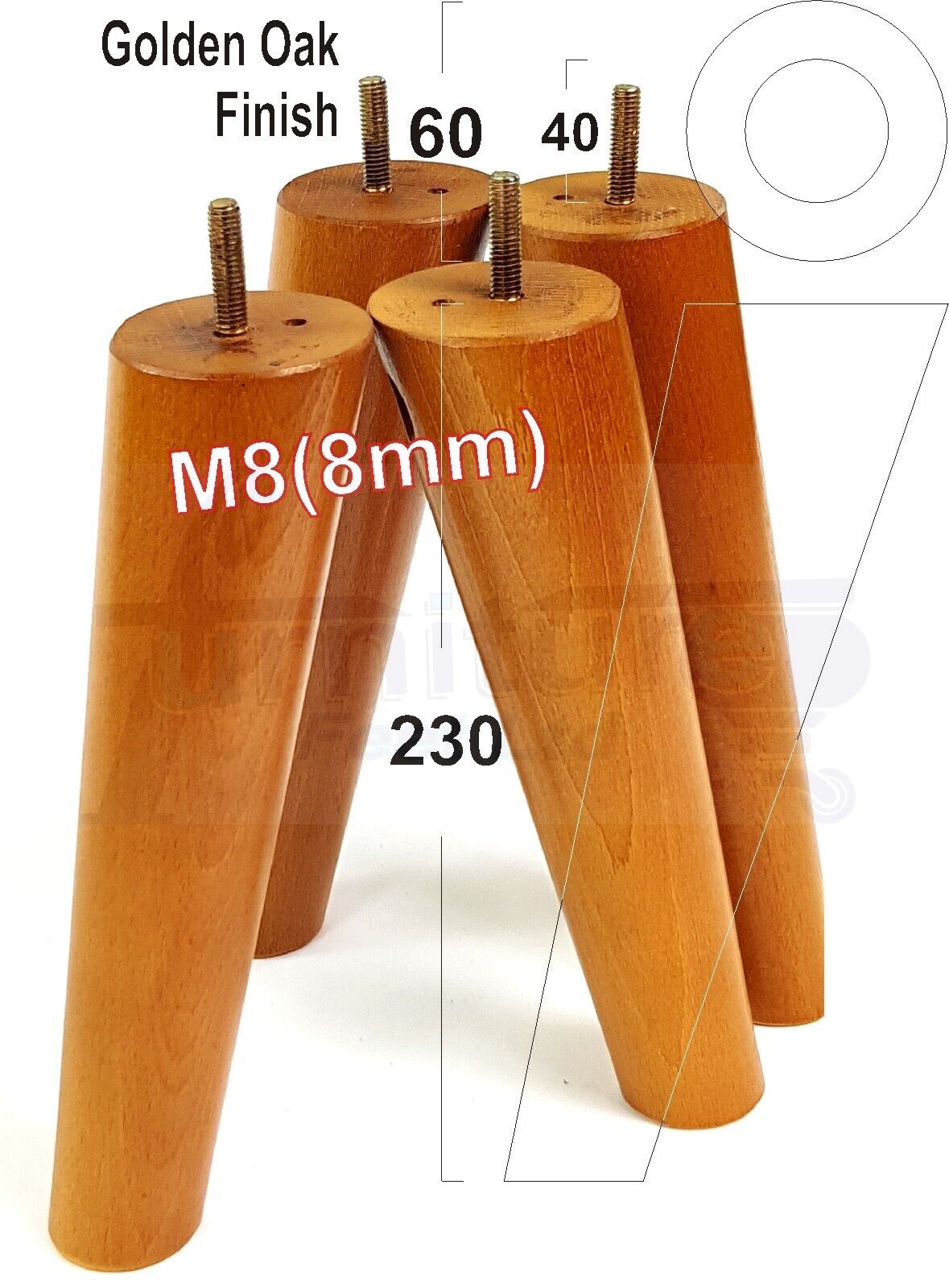 4 Solid Wood Turned Furniture Feet Replacement Mid Centry Angled Retro Legs 230mm High M8 Sofa Chairs Stools Cabinets Beds