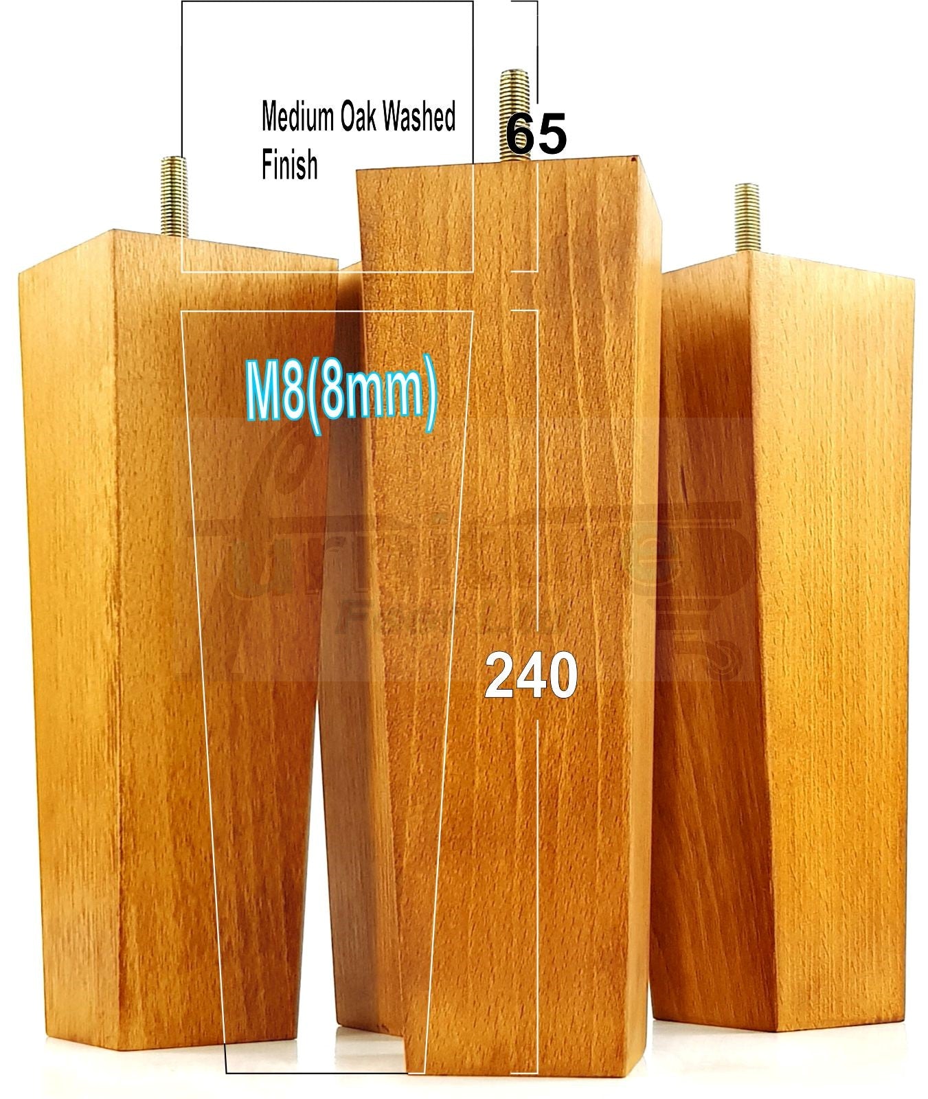 4 Solid Wood Furniture Feet Square Replacement Block Tapered Legs 240mm High M8 Sofa Chairs Stools Cabinets Beds