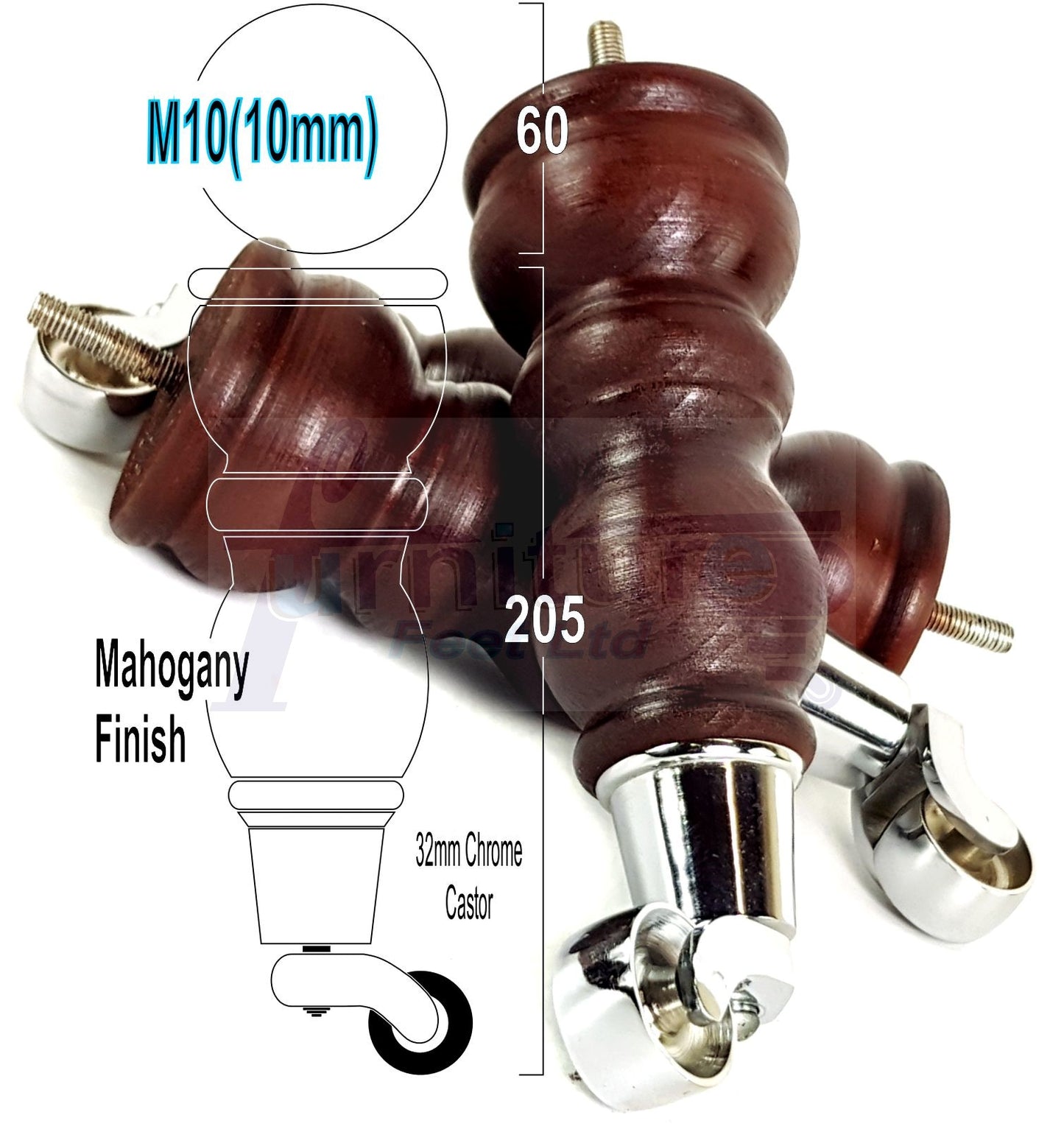 Solid Wood Furniture Feet With Castors Set of 4 Legs 205mm High For Sofas Chairs & Beds M10 Thread