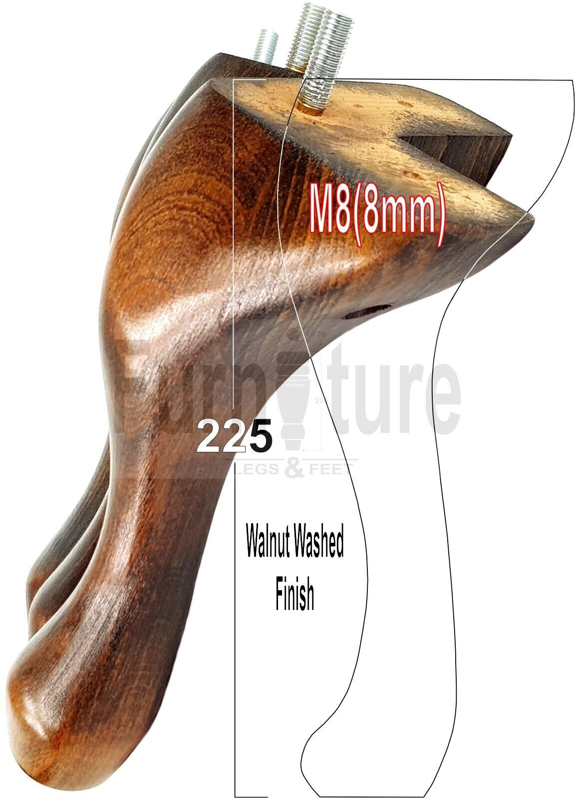 4x Solid Wood Furniture Feet 225mm High Vintage Queen Anne Replacement Legs M8 8 Inches