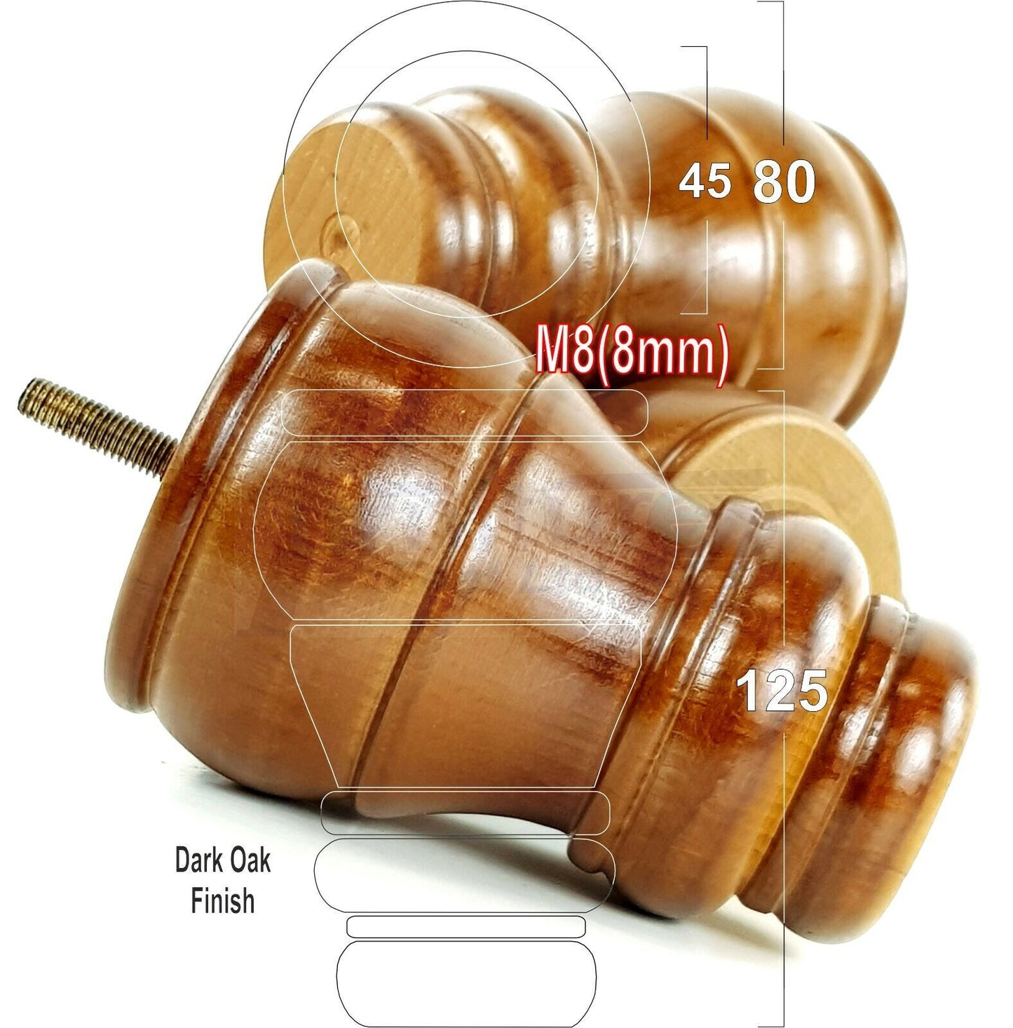 4 Turned Wood Furniture Chair Legs M8 Replacement Sofa Settee Feet 125mm High