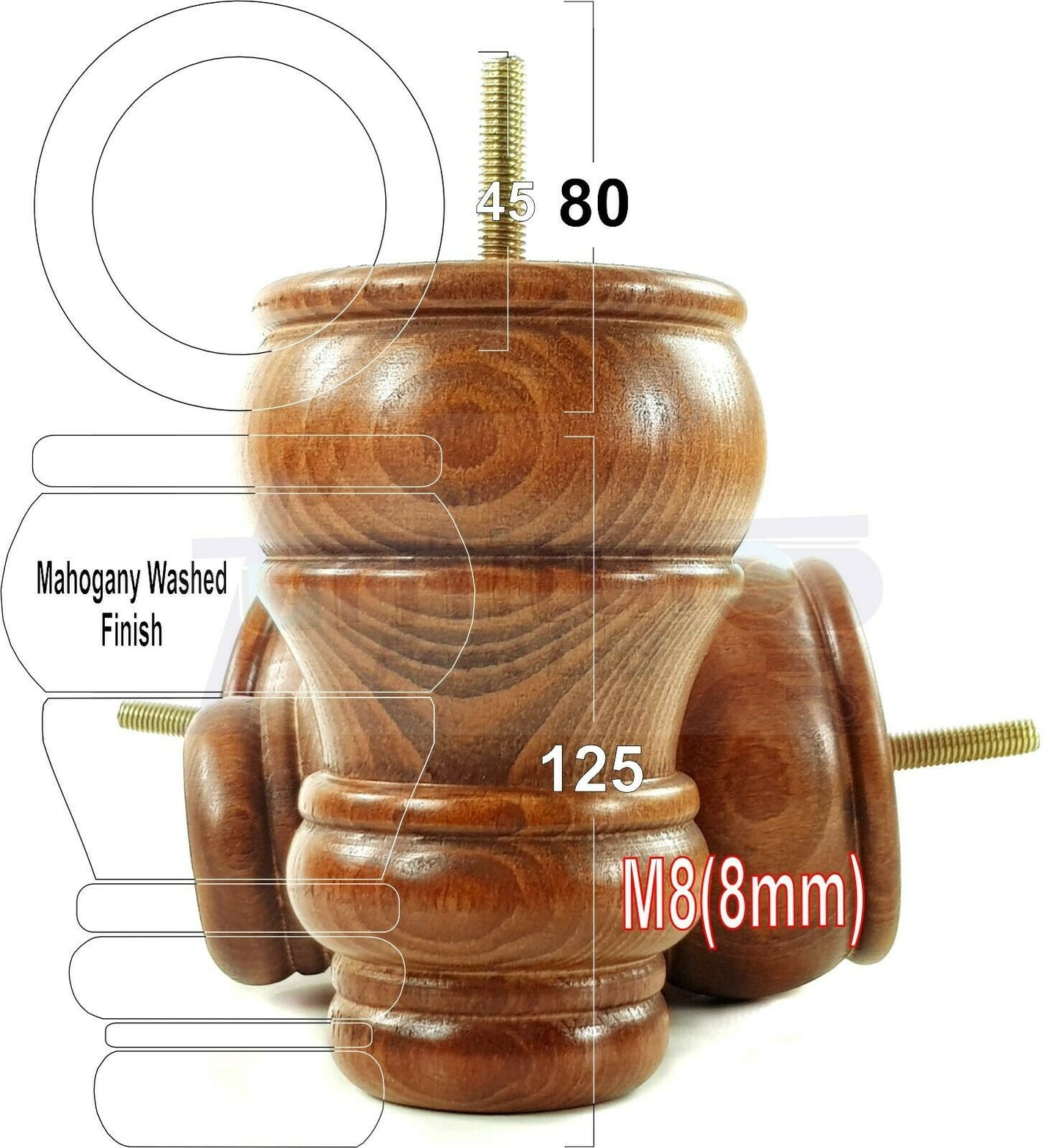 4 Turned Wood Furniture Chair Legs M8 Replacement Sofa Settee Feet 125mm High