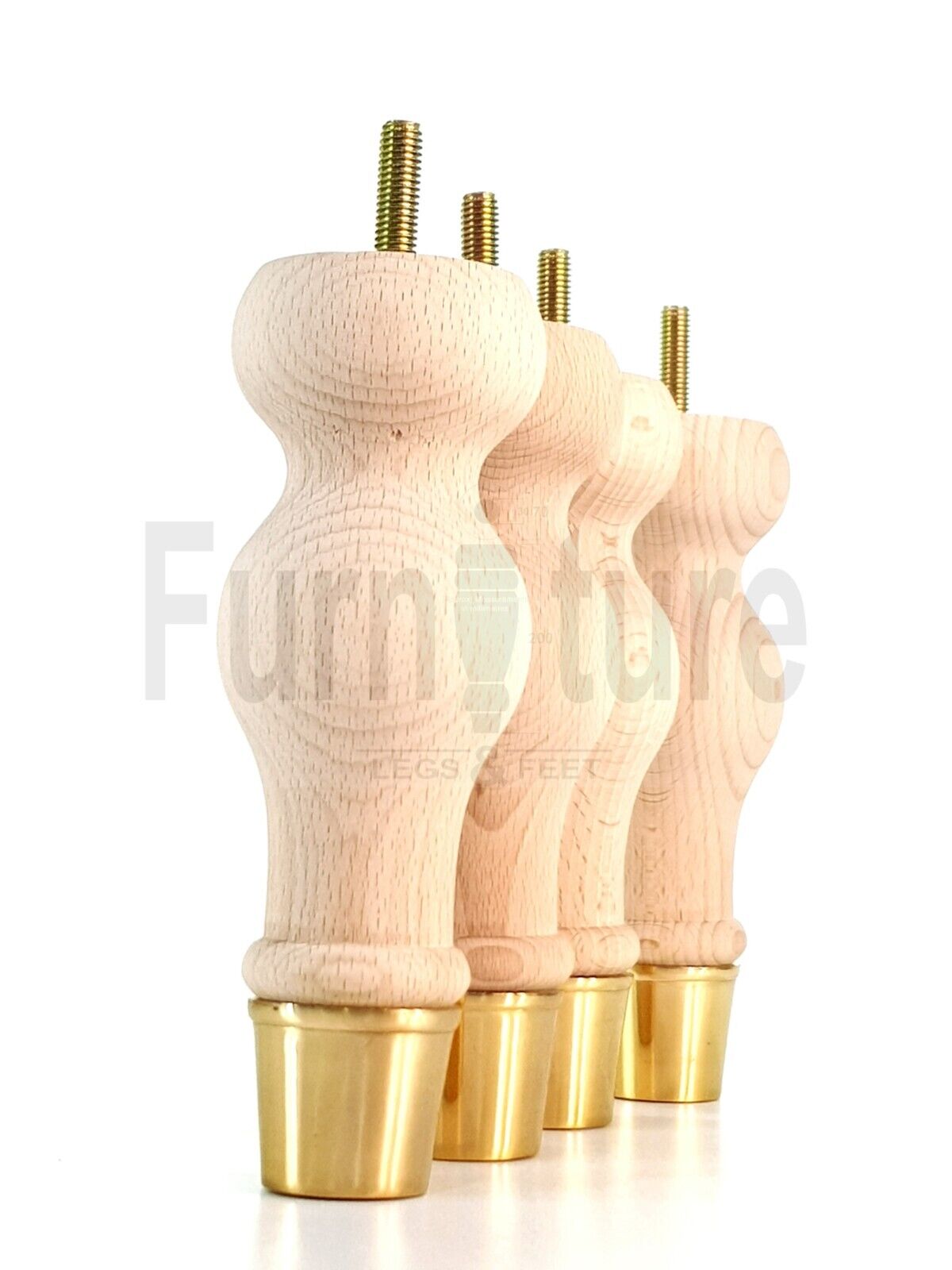 4x Turned M8 Wood Furniture Chair Sofa, Settee Legs Feet Brass Slipper Cup 160mm