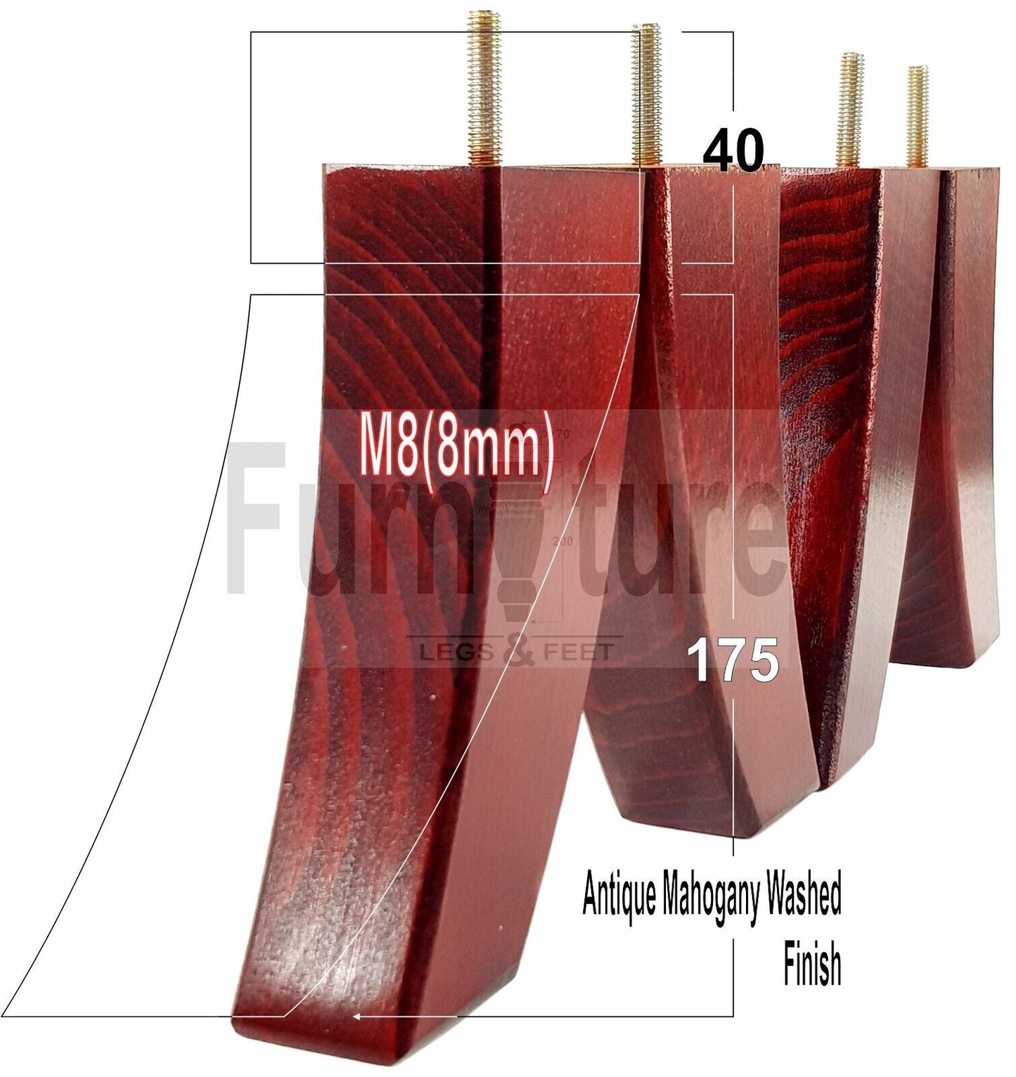 SET OF 4 WOODEN FURNITURE FEET 175mm HIGH REPLACEMENT SOFA LEGS 8mm Thread