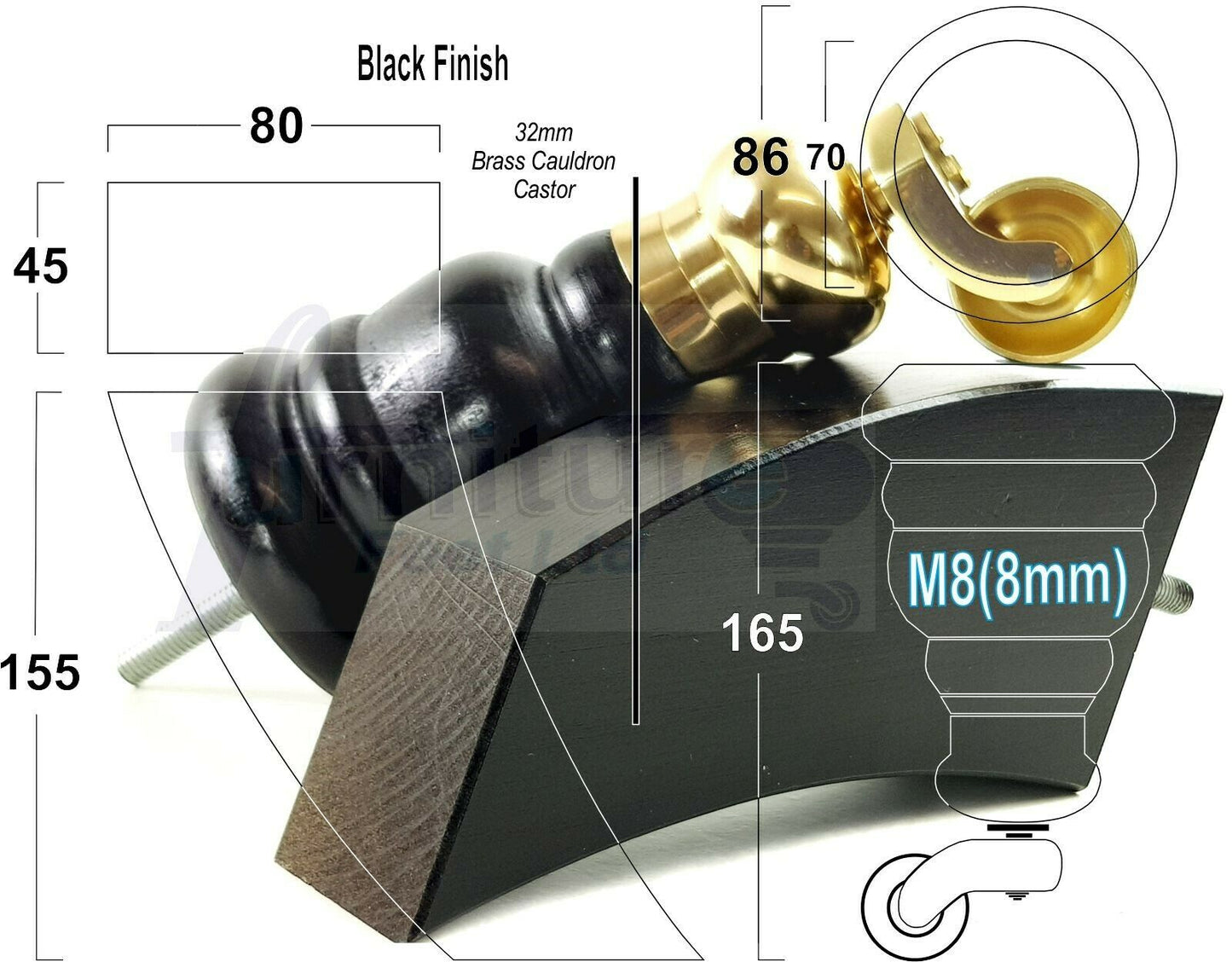 Black Turned Wood Furniture Feet 2 With Castors 155mm and 2 Curved Back Legs Sofas Chairs Stools Cabinets Beds M8 6 Inches