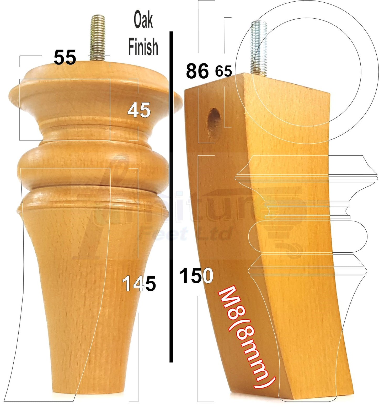 2x Turned & 2x Curved Back Wooden Feet Replacement Furniture Legs 150mm M8(8mm)