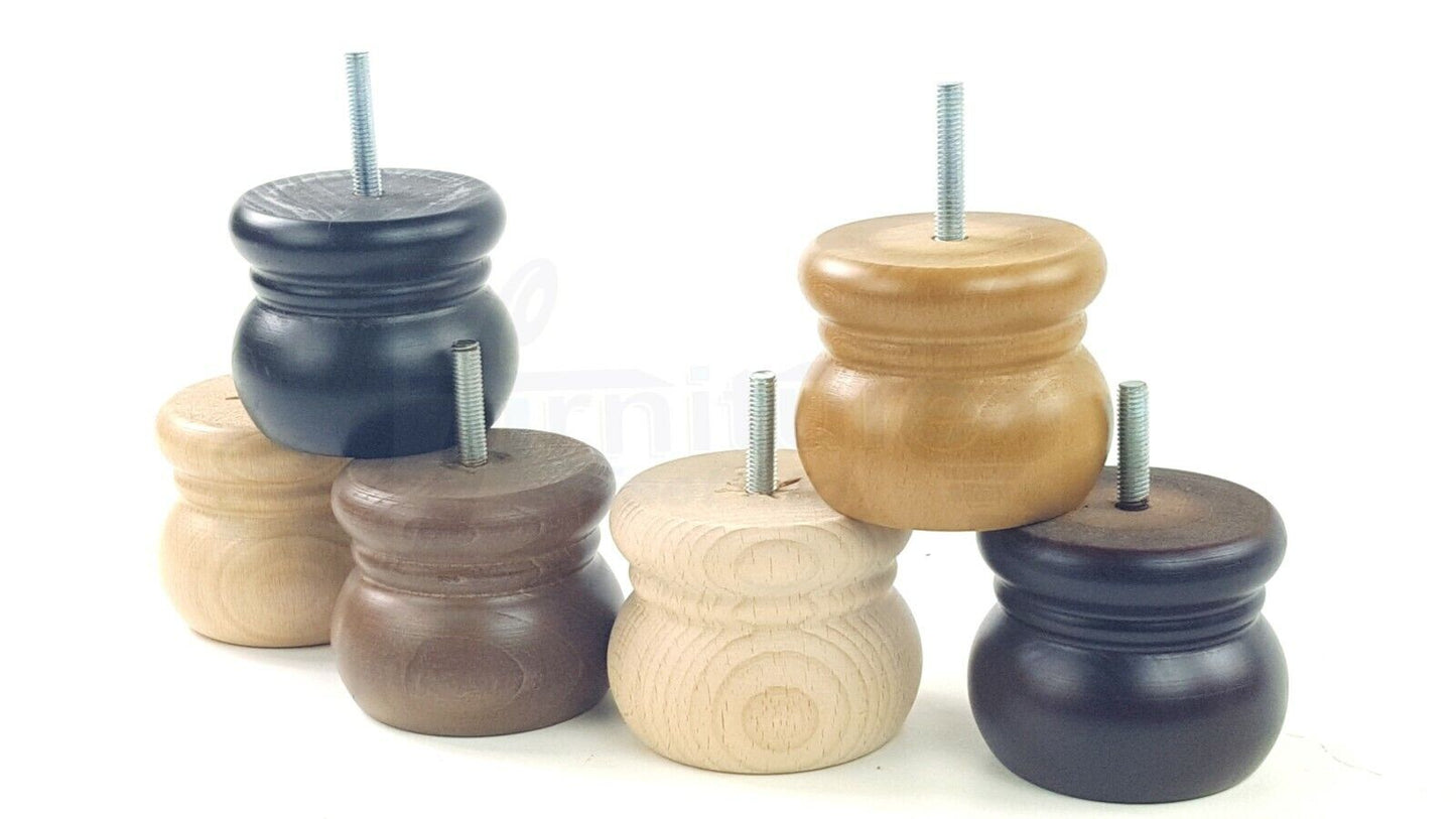 4 Wood Bun Feet Replacement Turned Furniture Legs 60mm High Multiple Colours 2 Inches Tall Chairs Stools Sofa Beds Cabinets M8
