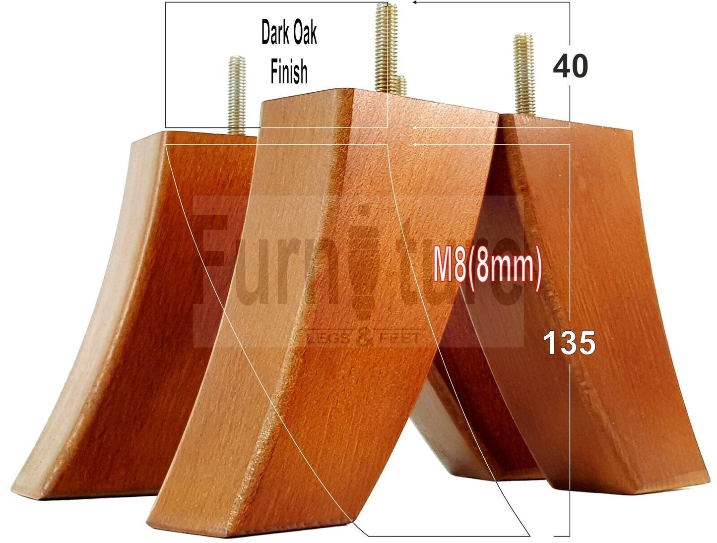 SET OF 4 WOODEN FURNITURE FEET 135mm HIGH REPLACEMENT SOFA LEGS 8mm Thread