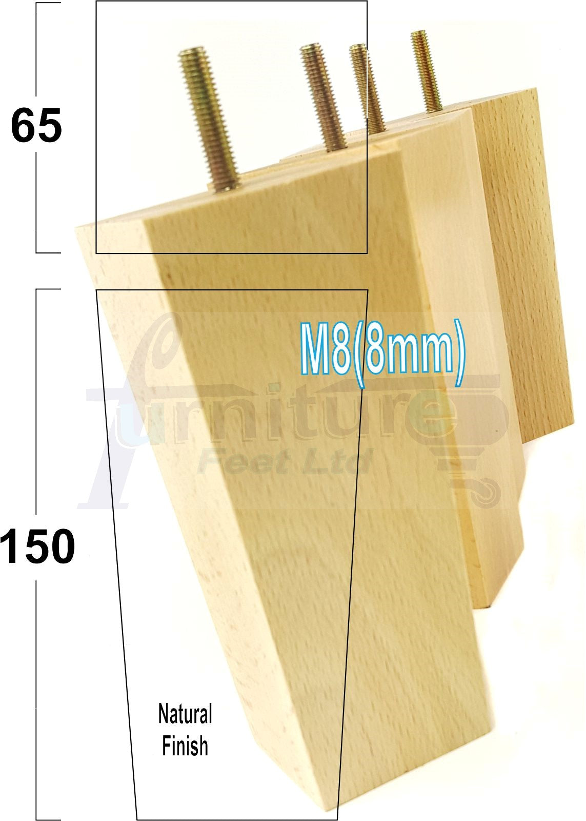 4 Solid Wood Furniture Feet Square Replacement Block Tapered Legs 150mm High M8 Sofa Chairs Stools Cabinets Beds