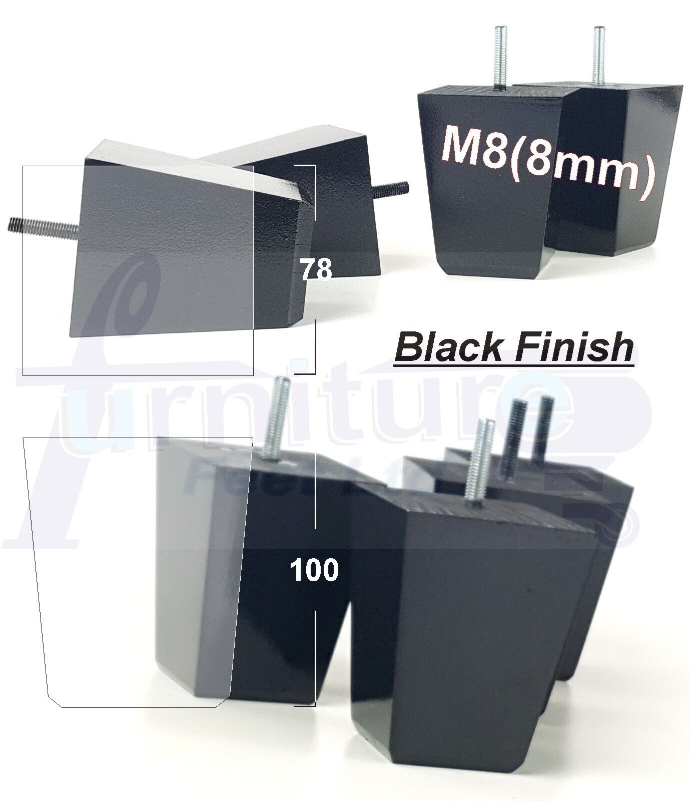 Set Of 4 Square Block Solid Wood Furniture Feet Replacement Legs 100mm High M8(8mm)