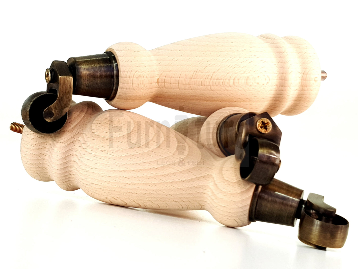 Set Of 4 Wooden Turned Replacement Furniture Legs 250mm High With Antique Brass Castor Wheels 8mm Thread