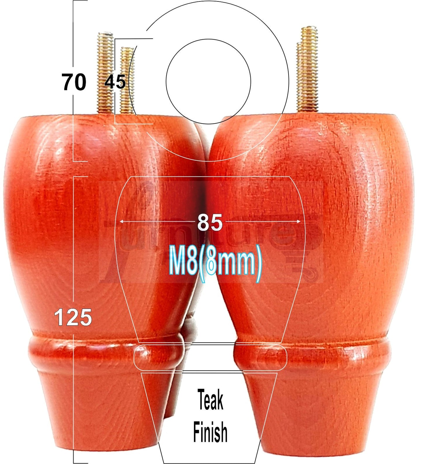 Set Of 4 Solid Wood Turned Replacement Furniture Legs 125mm High 8mm Thread