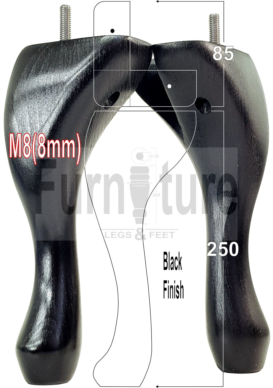 4 Replacement Traditional Queen Anne Furniture Leg 250mm High Sofa Chair Beds M8