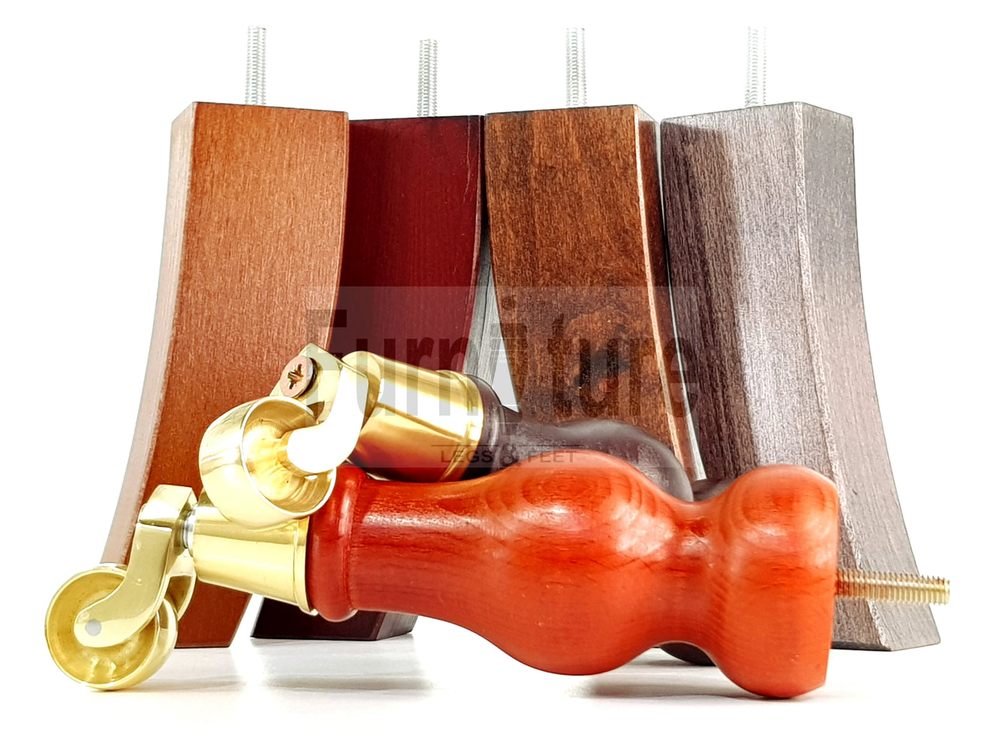 2x Turned Wood Furniture Feet With Brass Castor 155mm and 2 Curved Back Legs 6 Inches 8mm Thread
