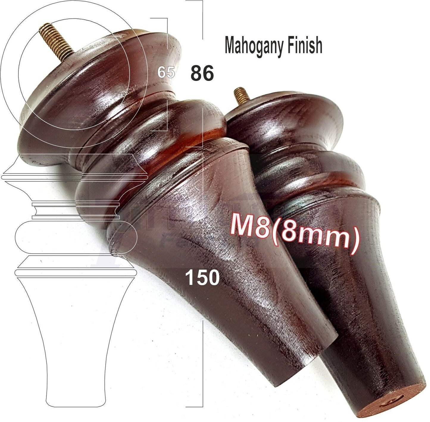 4x Turned Furniture Legs 150mm High M8(8mm) Replacement Feet