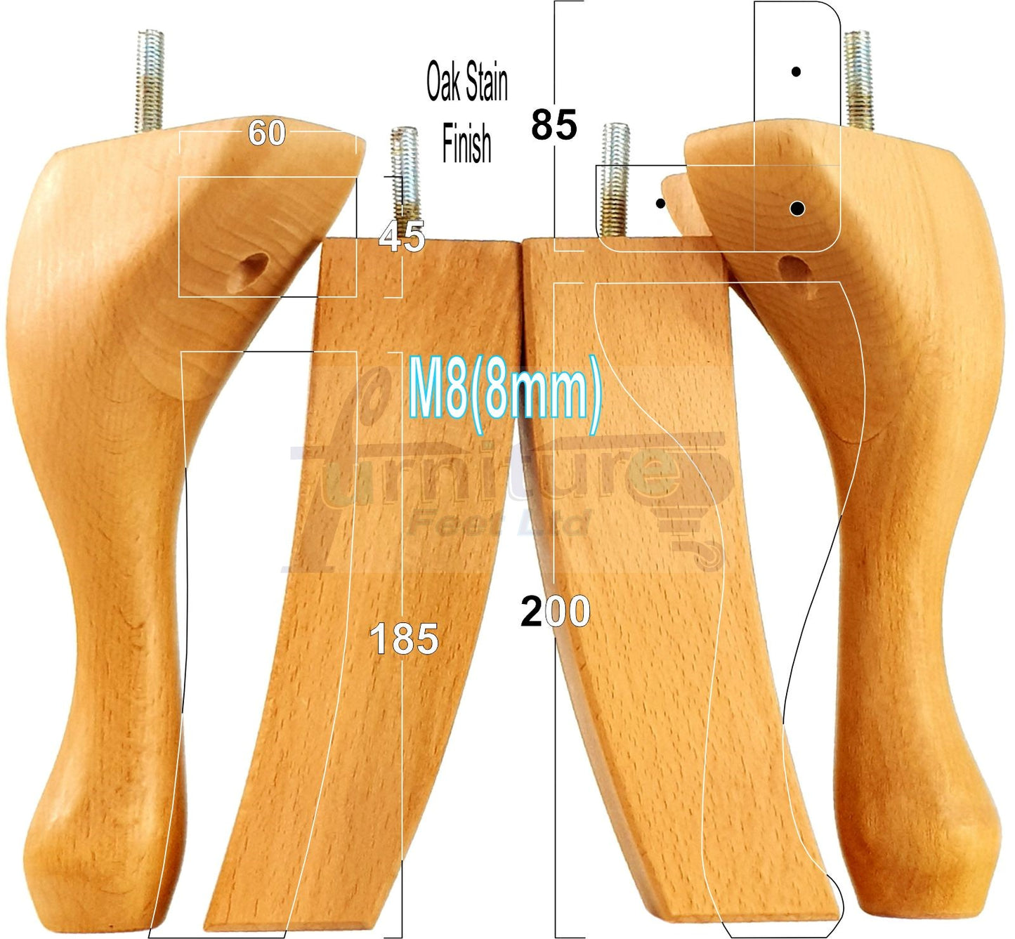 2x Vintage Queen Anne Replacement Furniture Legs & 2x Curved Back Feet 200mm High 8mm Thread