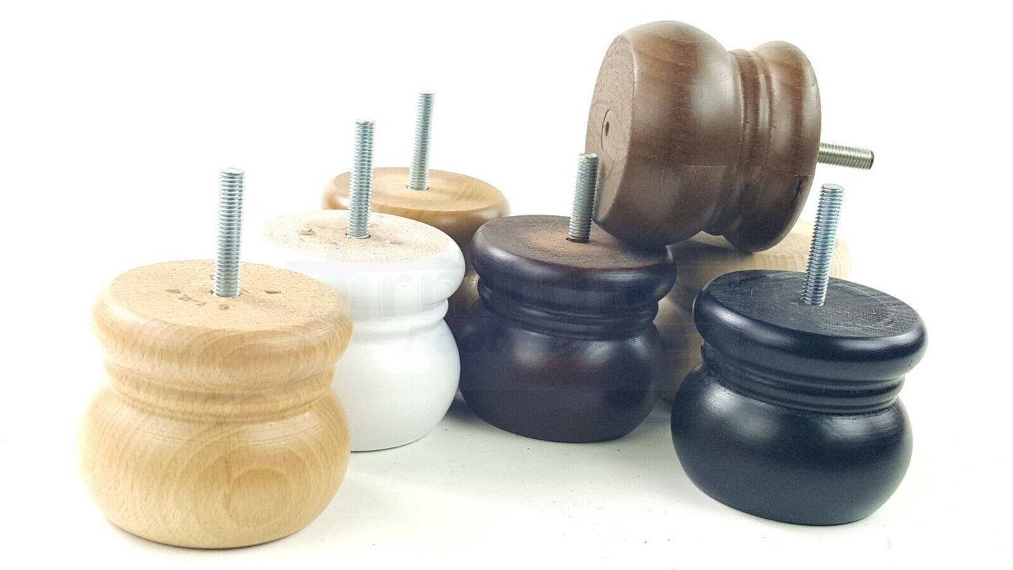 4 Wood Bun Feet Replacement Turned Furniture Legs 60mm High Multiple Colours 2 Inches Tall Chairs Stools Sofa Beds Cabinets M8