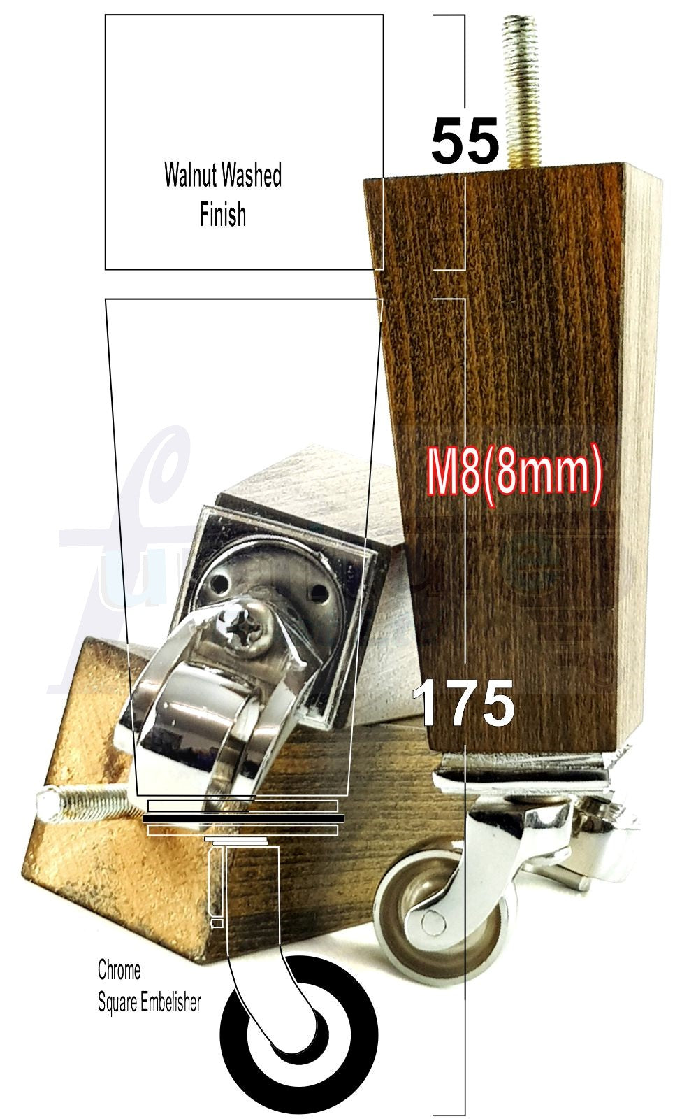 4x Solid Wood Furniture Legs Chair Sofa Bed Replacement Feet 175mm High With Chrome Castors 8mm Thread