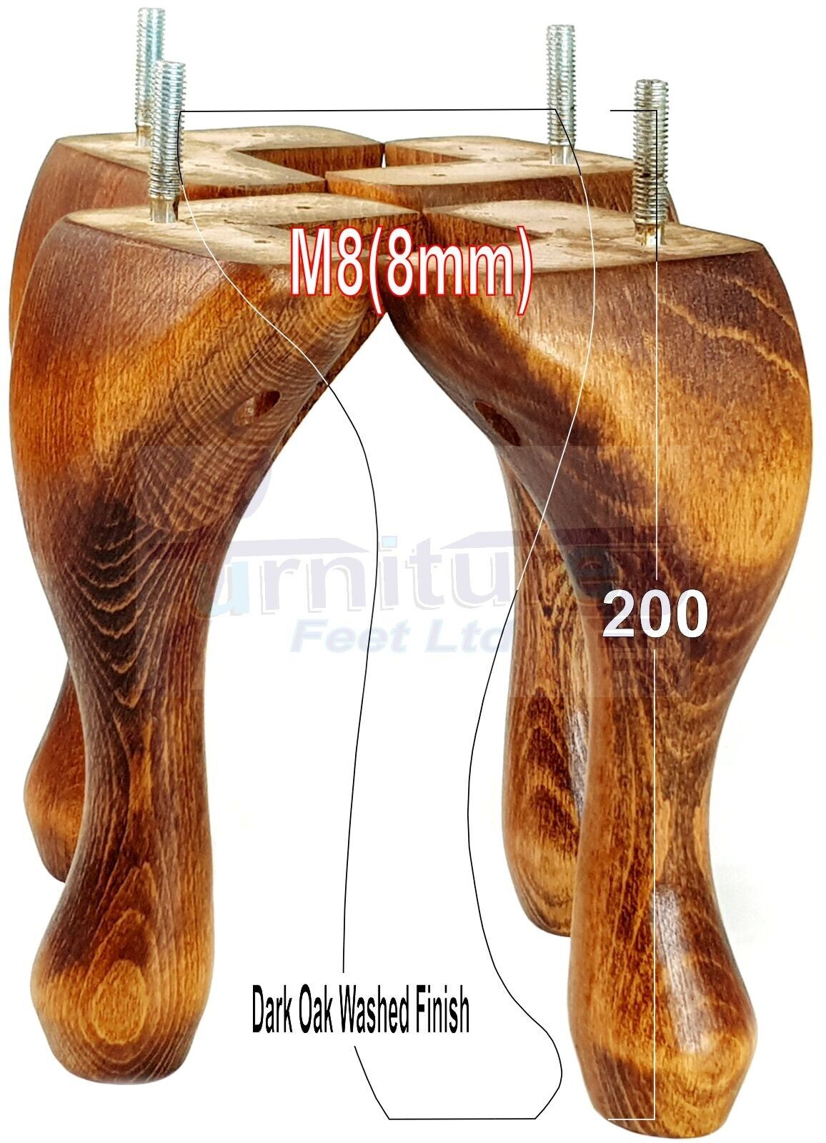 4 Solid Wood Furniture Feet 200mm High Vintage Queen Anne Replacement Legs M8 8 Inches