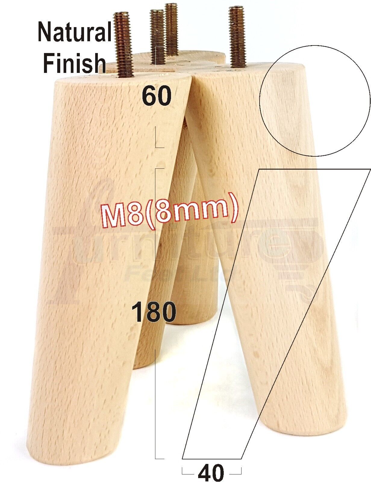 4 Solid Wood Turned Furniture Feet Replacement Mid Centry Angled Retro Legs 180mm High M8 Sofa Chairs Stools Cabinets Beds