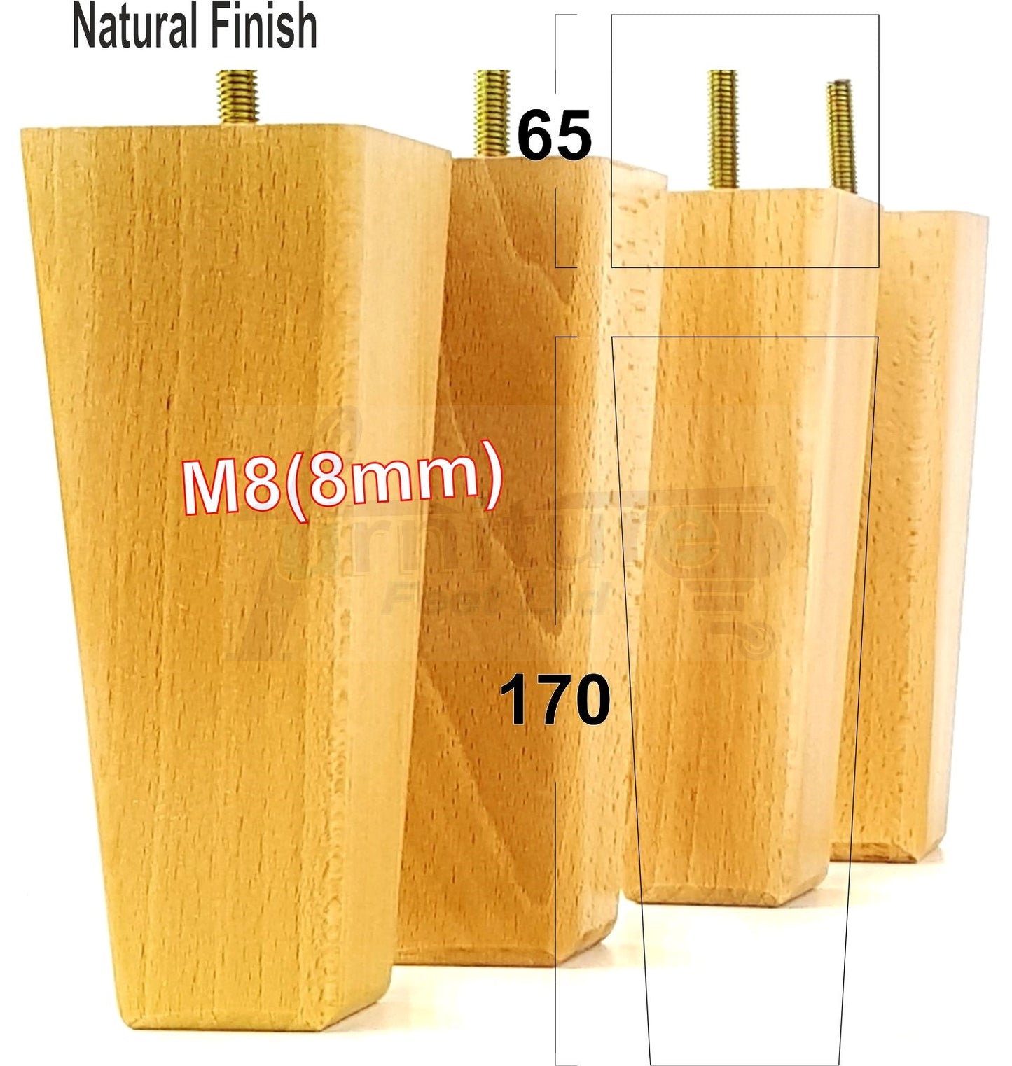 4x Wooden Furniture Legs 170mm High Replacement Square Tapered Feet 8mm