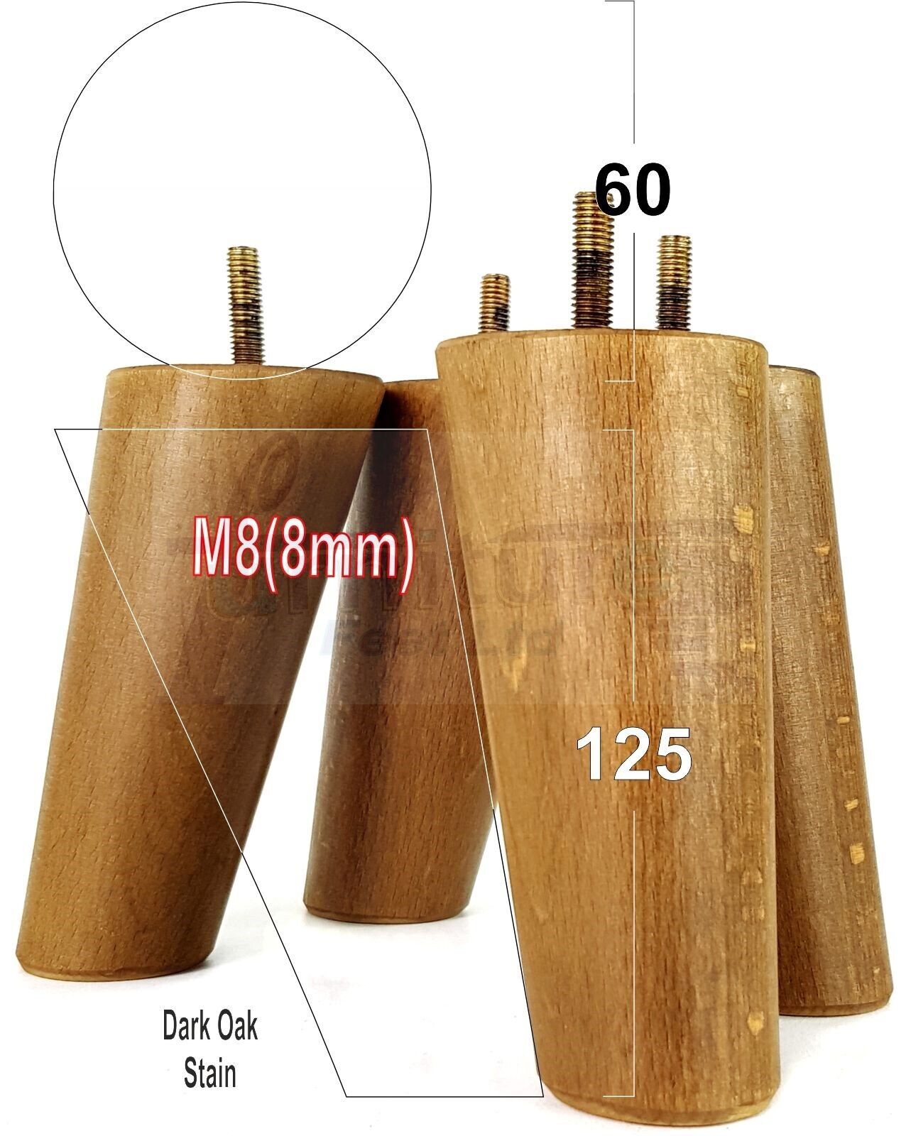 4 Solid Wood Turned Furniture Feet Replacement Mid Centry Angled Retro Legs 125mm High M8 Sofa Chairs Stools Cabinets Beds