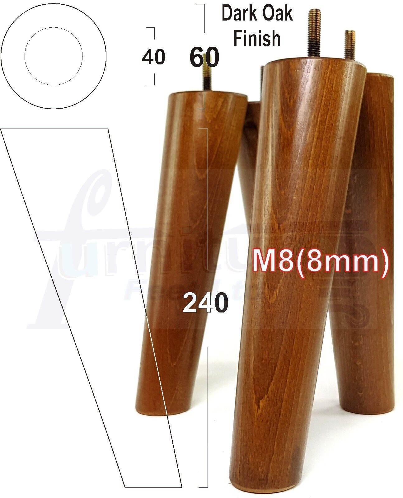 4x Wood Replacement Angled Furniture Chair Legs M8 Settee Sofa Feet 240mm High