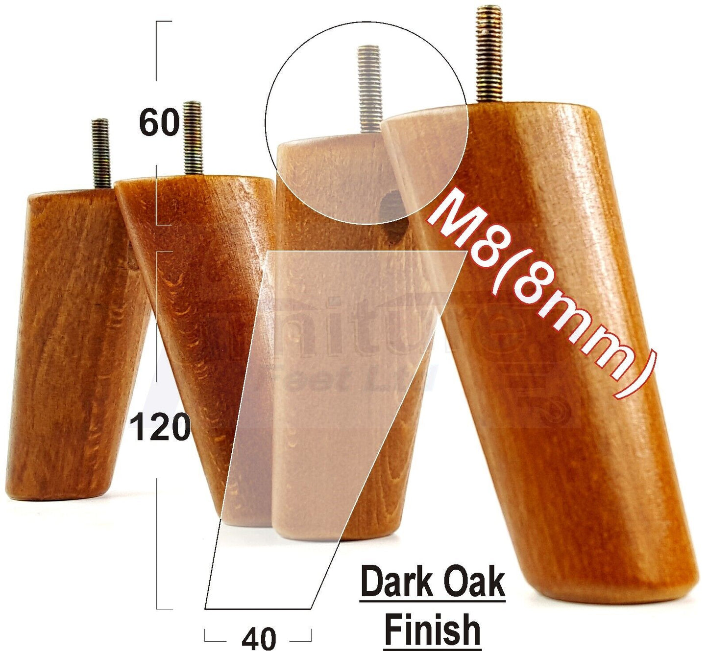 4 Solid Wood Turned Furniture Feet Replacement Mid Centry Angled Retro Legs 120mm High M8 Sofa Chairs Stools Cabinets Beds