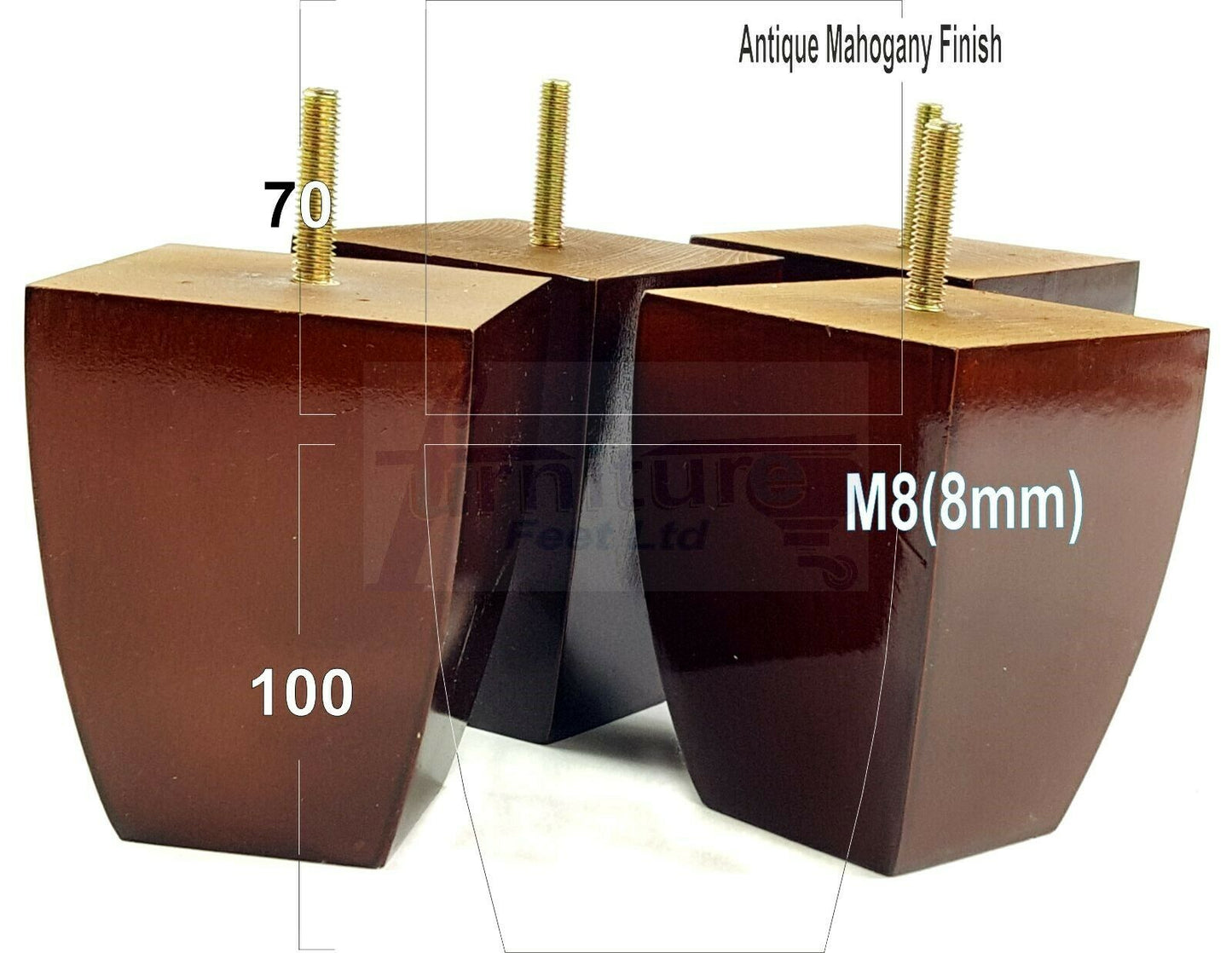 Set Of 4 Solid Wood Square Block Furniture Feet Replacement Legs 100mm High M8(8mm)