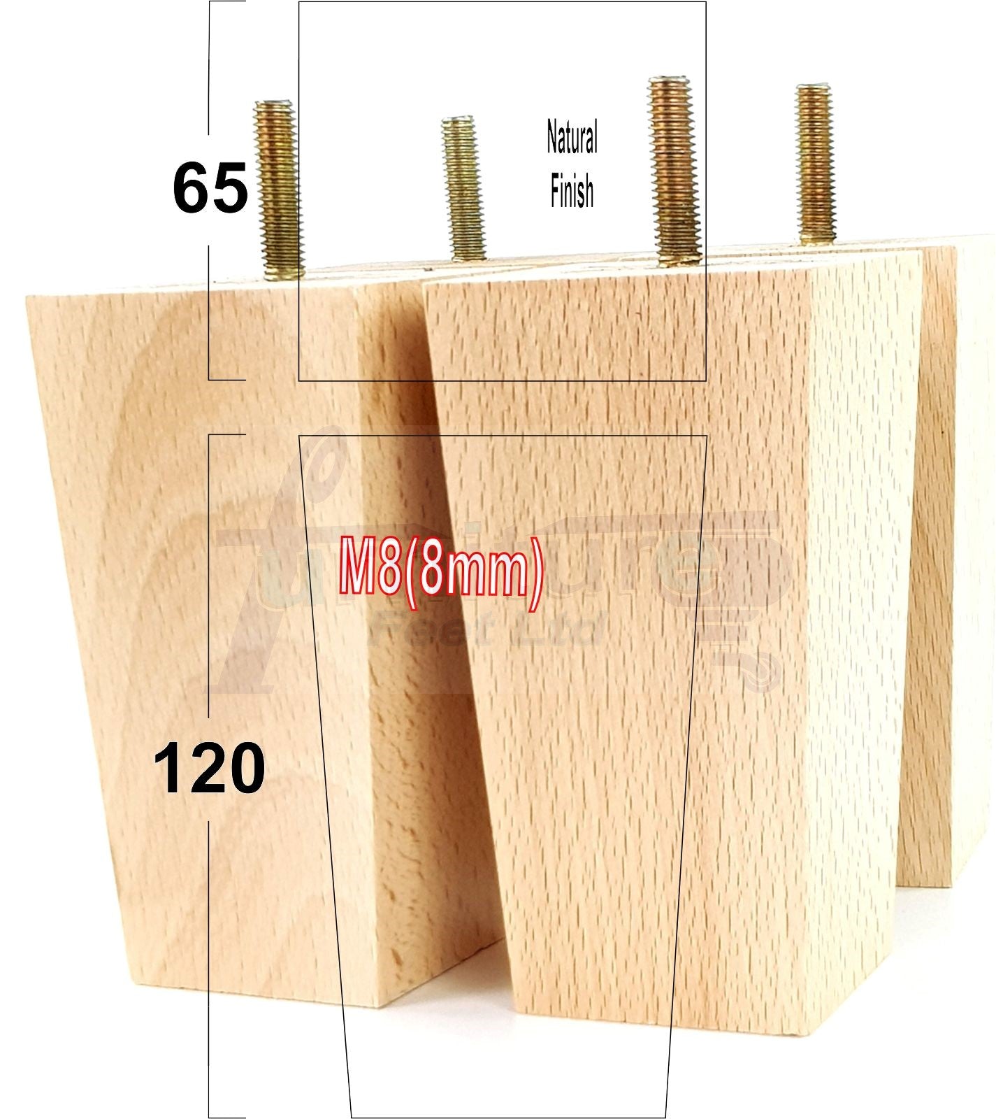 Solid Wood Furniture Feet Square Replacement Block Tapered Legs 120mm High M8 Set of 4 Sofa Chairs Stools Cabinets Beds