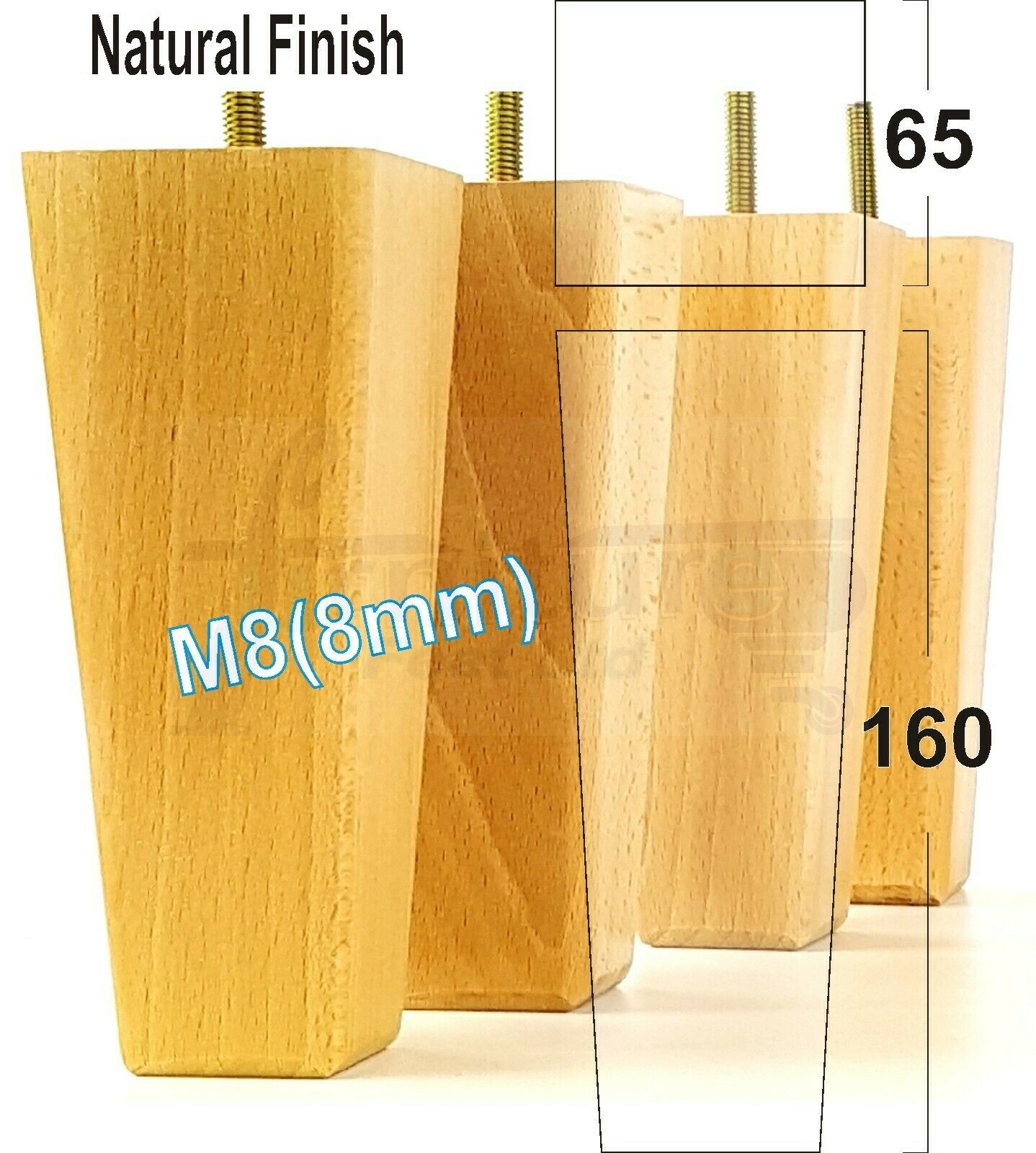 4x Wooden Furniture Legs 160mm High Replacement Square Tapered Feet 8mm