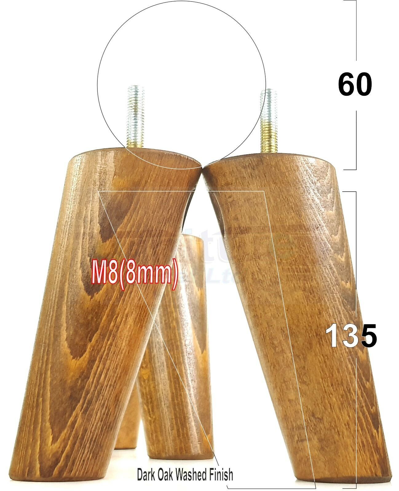 4 Solid Wood Turned Furniture Feet Replacement Mid Centry Angled Retro Legs 135mm High M8 Sofa Chairs Stools Cabinets Beds