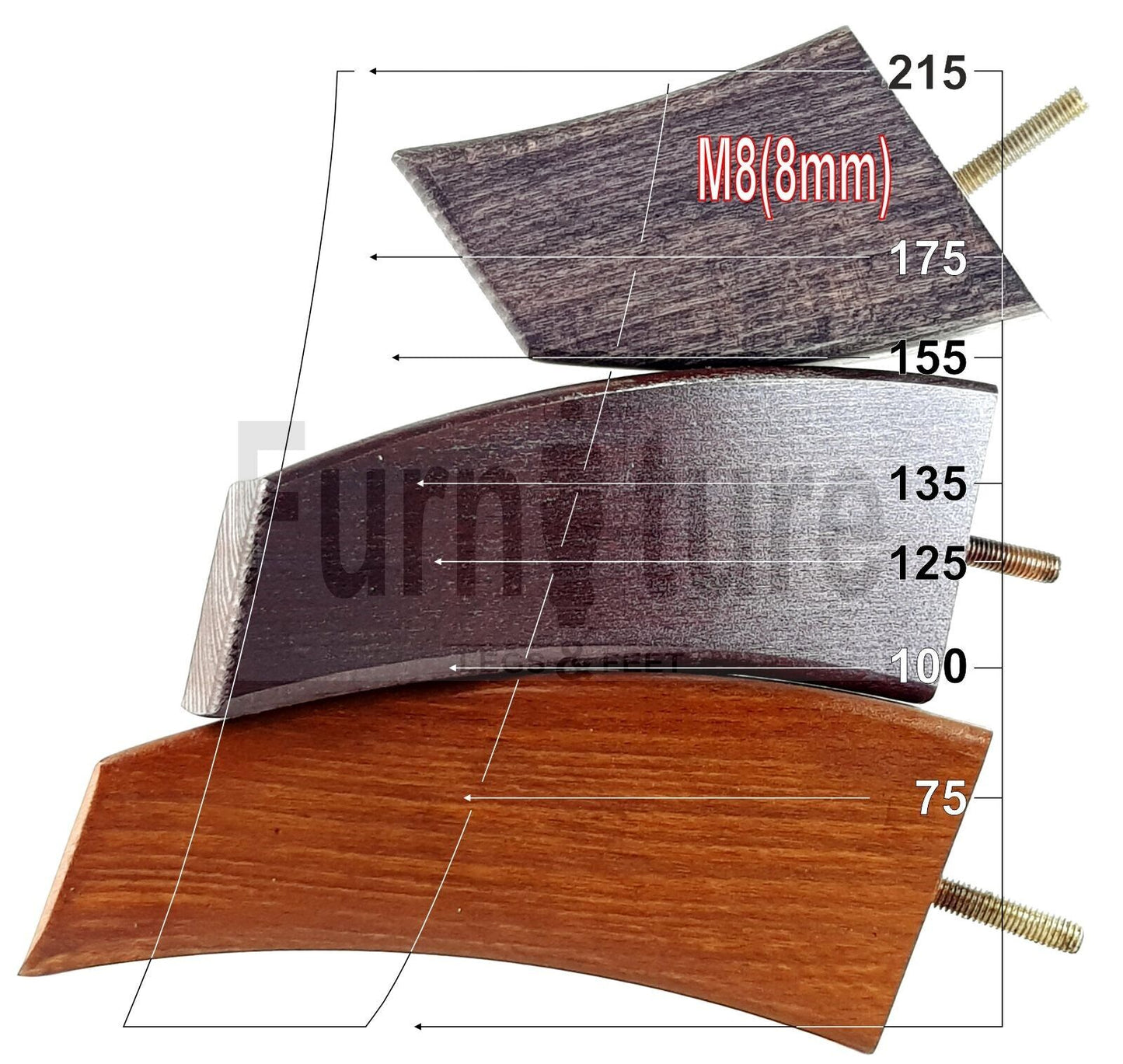 SET OF 4 WOODEN FURNITURE FEET 215mm HIGH REPLACEMENT SOFA LEGS 8mm Thread