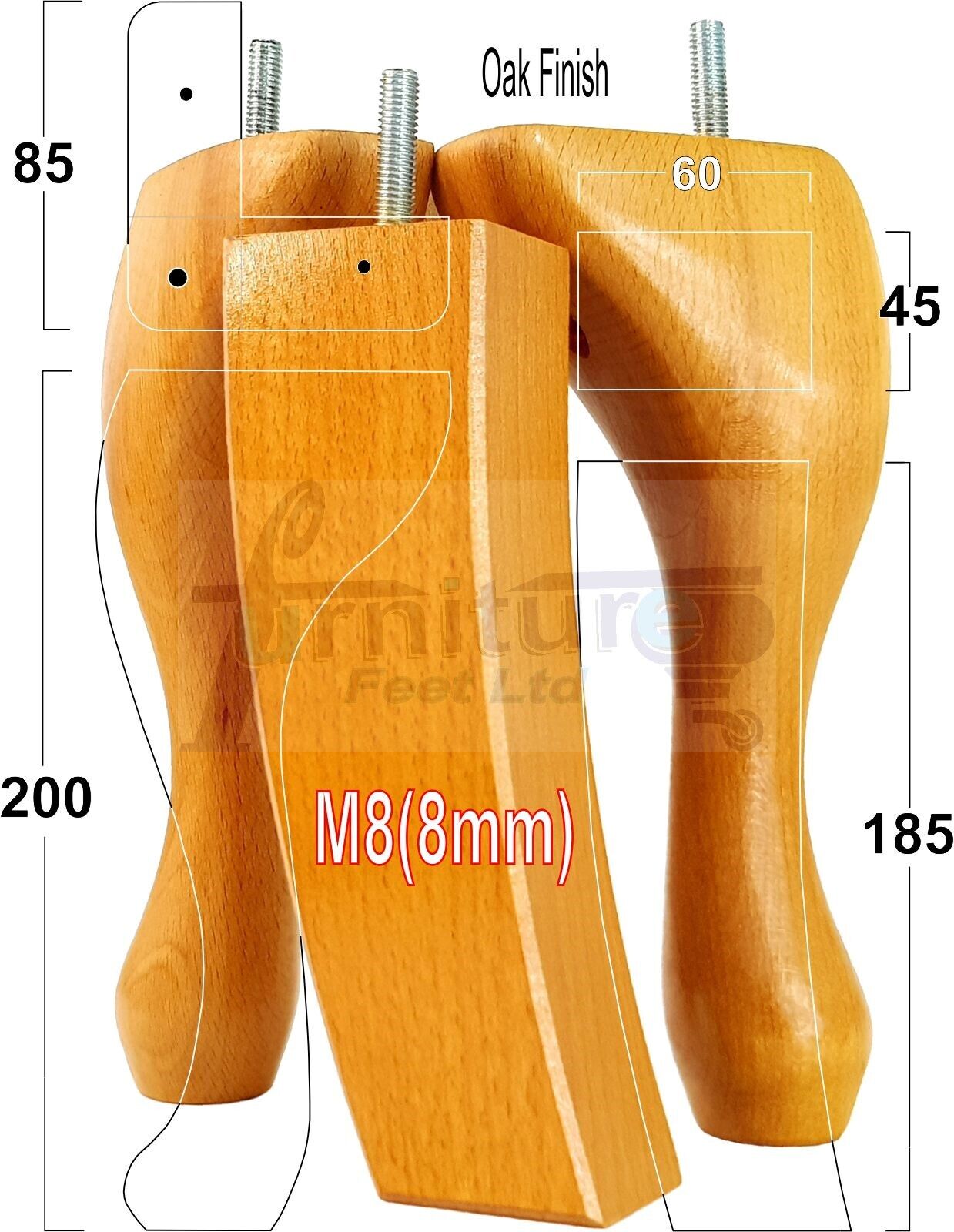 2x Vintage Queen Anne Replacement Furniture Legs & 2x Curved Back Feet 200mm High 8mm Thread