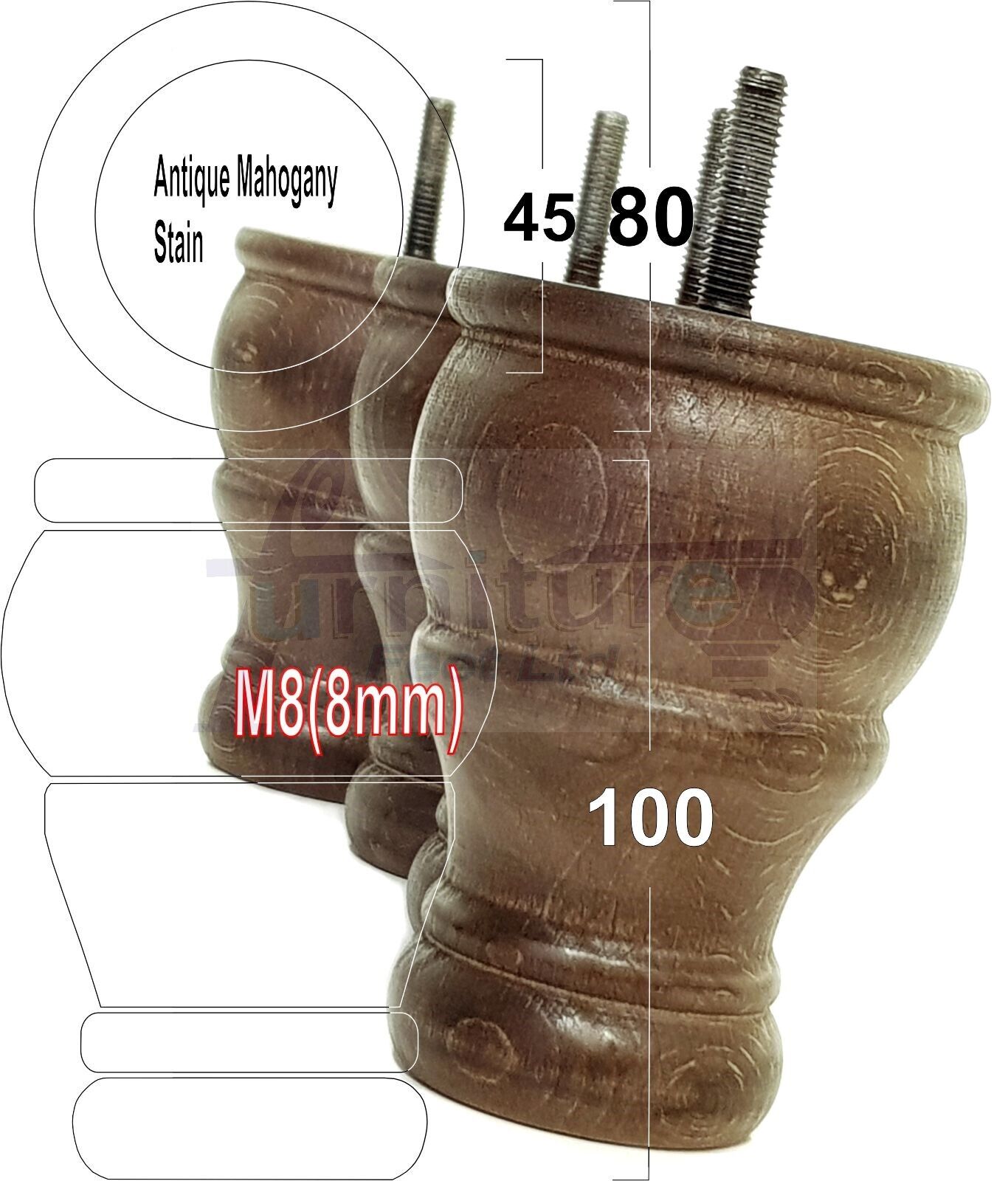 4 Turned Wood Furniture Chair Legs M8 Replacement Sofa Settee Chair Bed Feet 100mm High