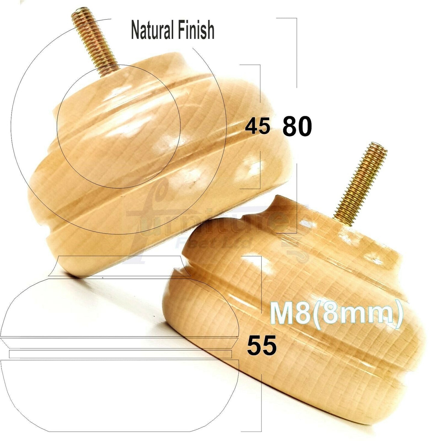 4 Wood Replacment Furniture Chair Legs M8 Sofa Settee Bed Stool Feet 55mm High
