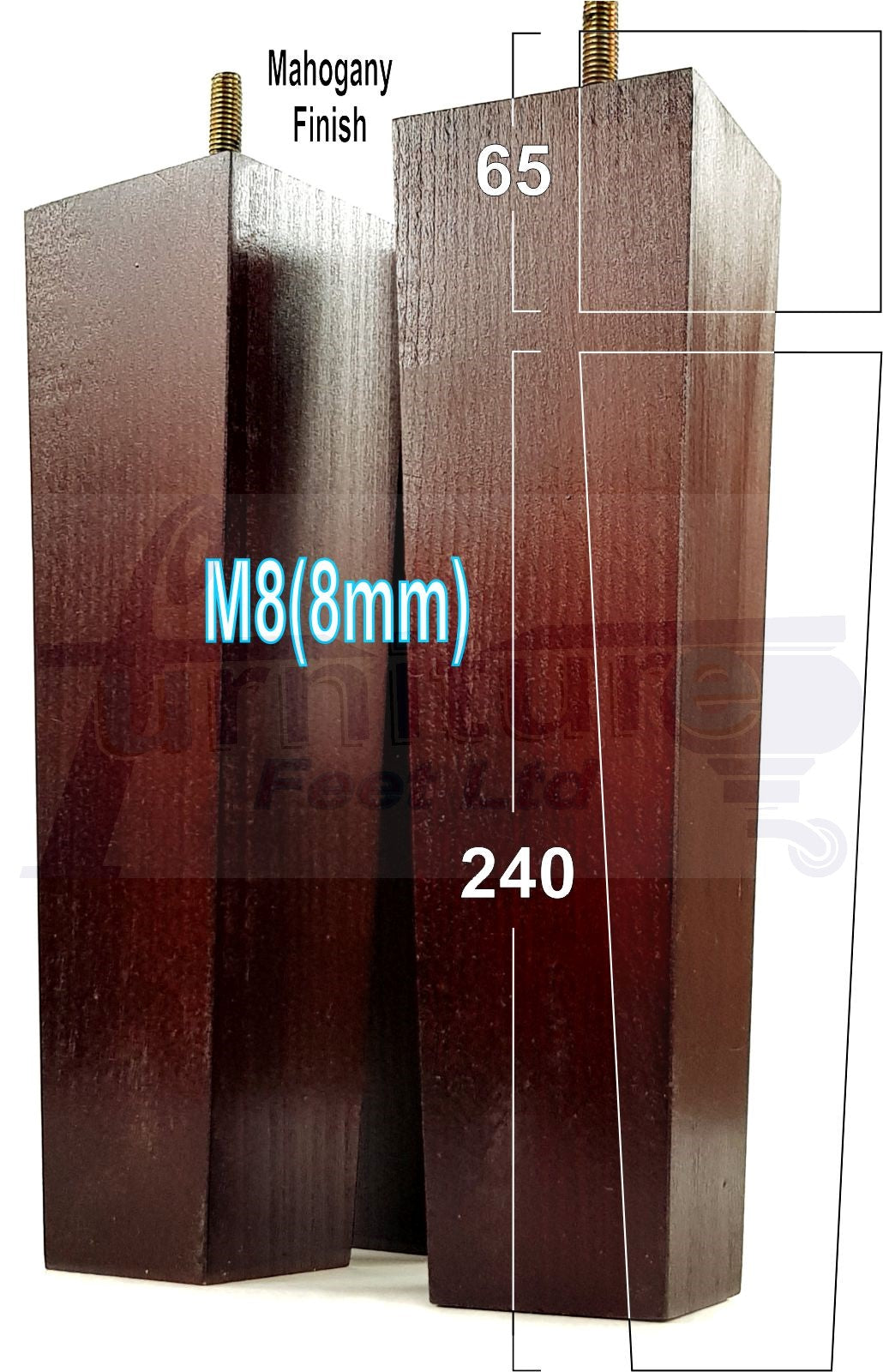 4 Solid Wood Furniture Feet Square Replacement Block Tapered Legs 240mm High M8 Sofa Chairs Stools Cabinets Beds