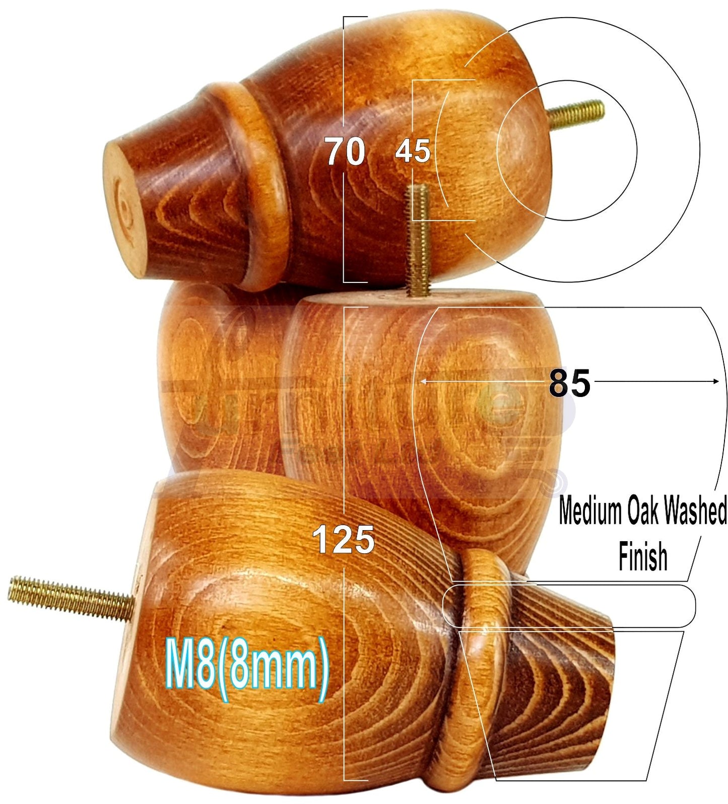 Set Of 4 Wooden Turned Replacement Furniture Legs 125mm High 8mm Thread